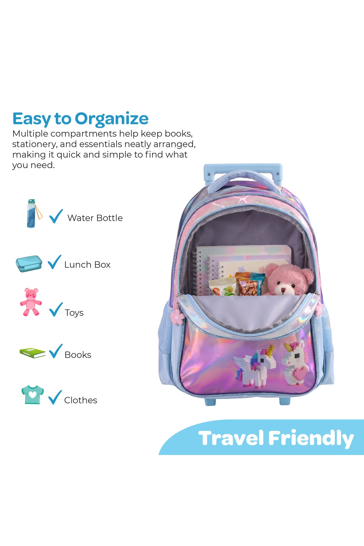 MOON Unicorn 3 in 1 Kids Trolley Set    - (16-Inch) Premium Kids School Bag with Lunch Bag & Pencil Case- Pink &Blue