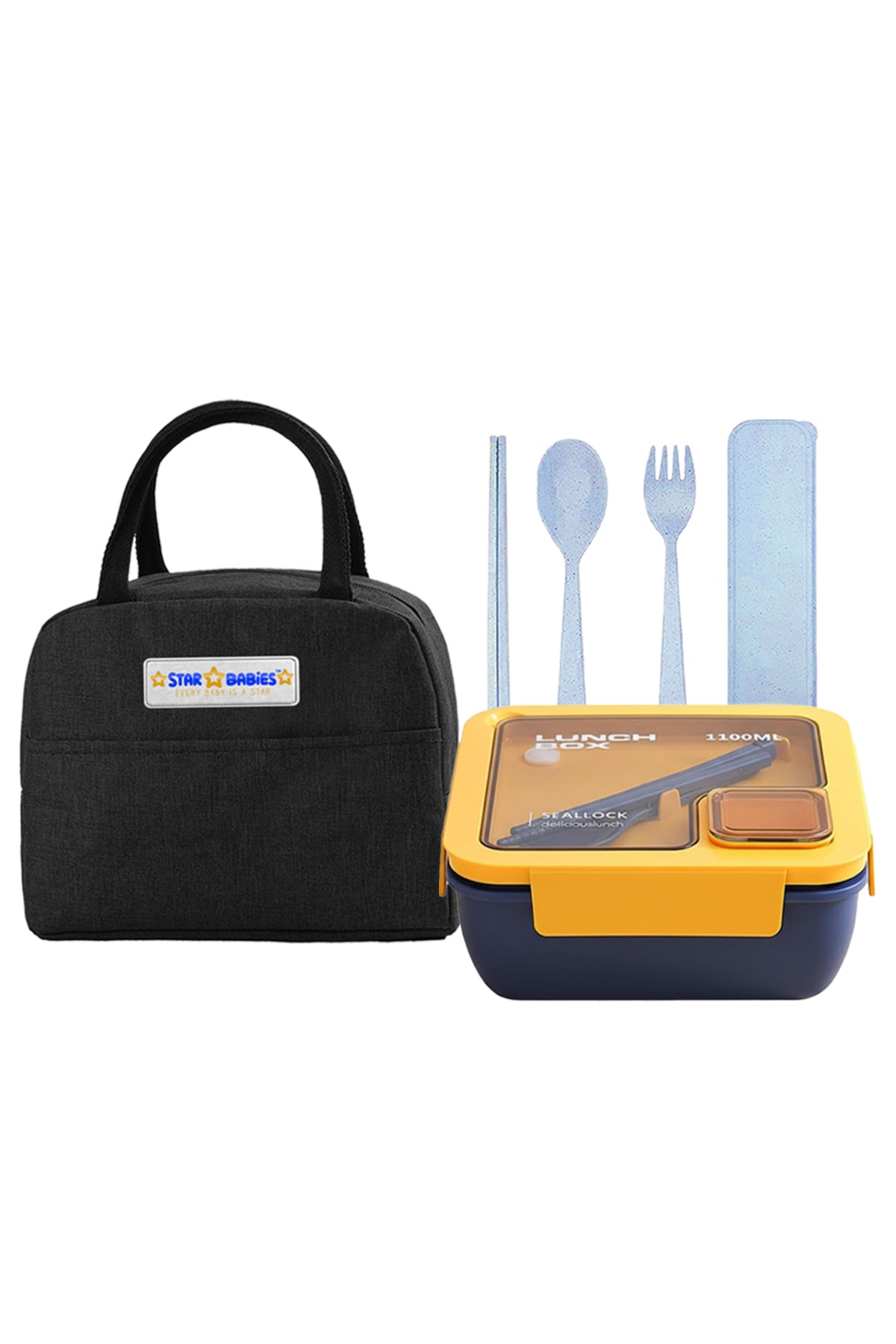 Star babies pack of 3 combo - Insulated lunch bag and 2 compartment lunch box and organic cuttlery set