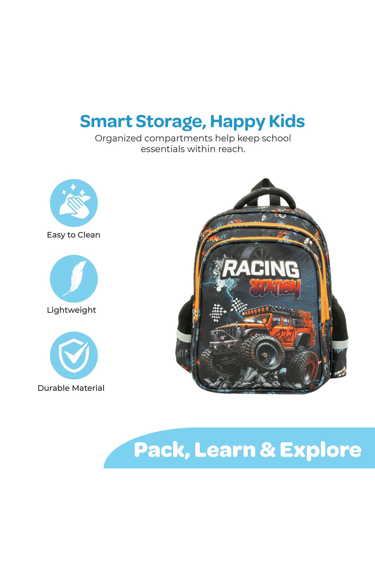 MOON  3 in 1 Kids Backpack  Set   - (16-Inch) Premium Kids School Bag with Lunch Bag & Pencil Case-Racing Car