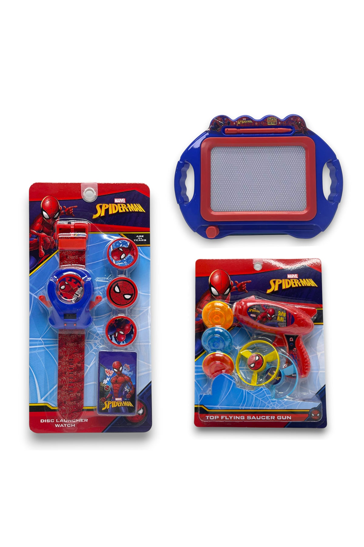 Marvel Spider-Man Disc Launcher Watch for Kids – Action Toy with Launching Discs-Multicolor + Magic Writing Board + Top Flying Saucer Gun Toy