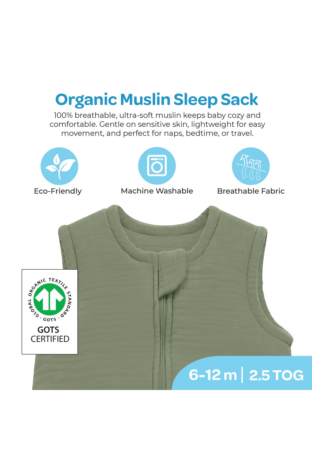 MOON Organic Crinkle Muslin Sleep sack  2.5 Tog (6-12Months )-Green