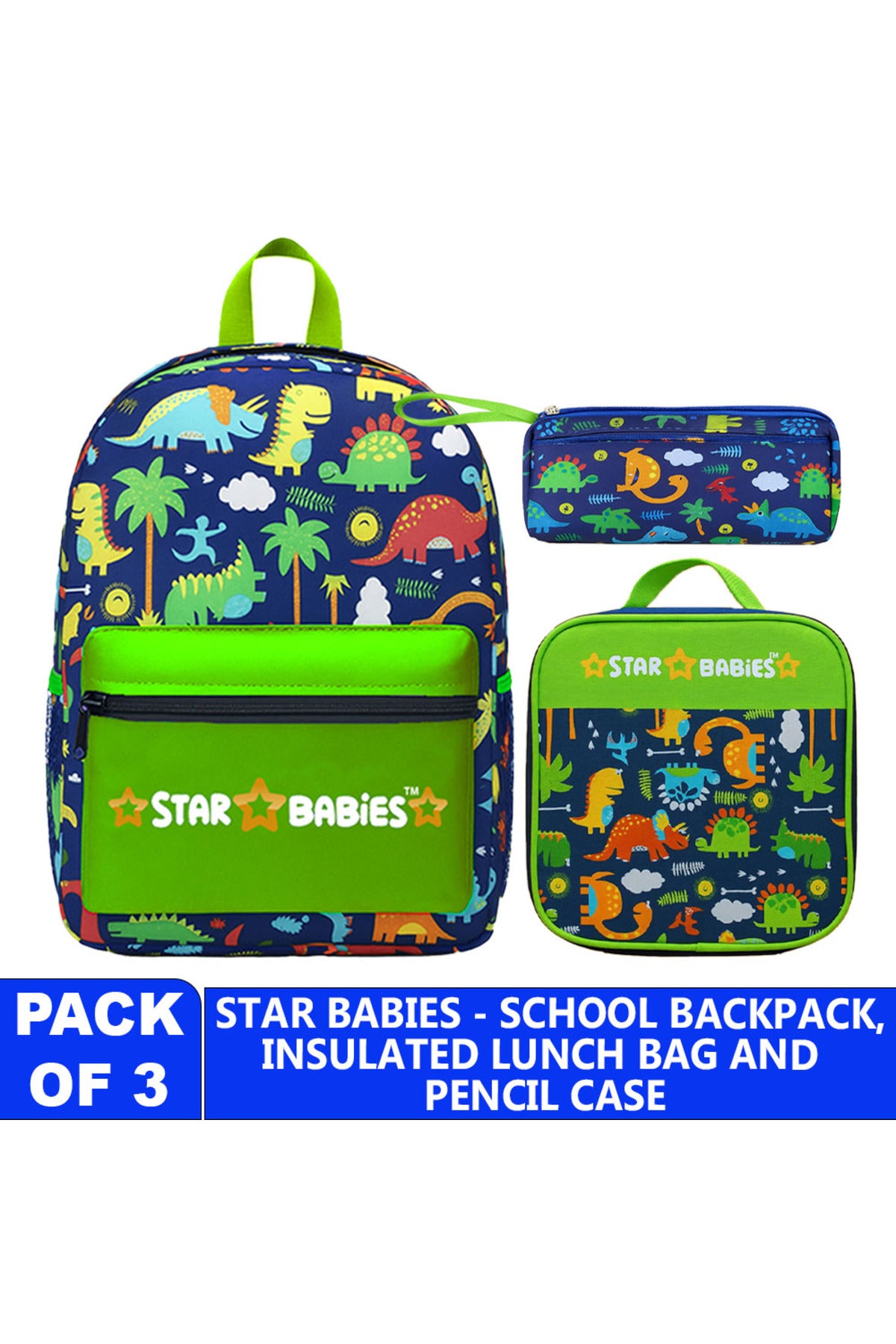 Star Babies 16-Inch Green Jungle Themed Children's Backpack with Adjustable Shoulder Strap for Hiking Large with Bento Lunch Bag and Dual Zipper Pencil Case Pack of 3