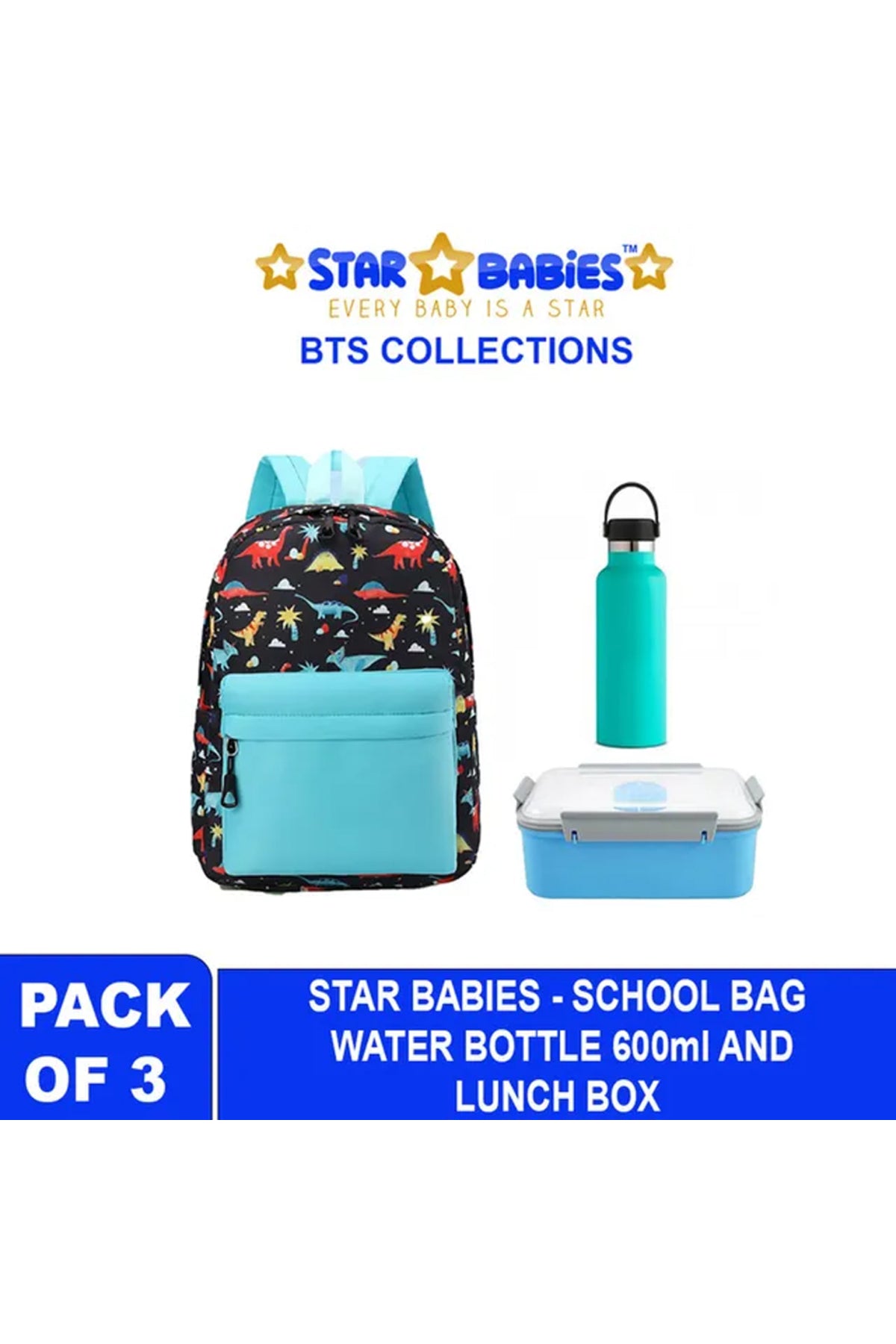 Star Babies - School Backpack With Eco Friendly - BPA Free Lunch Box, Stainless Steel Water Bottle 600ml - Blue