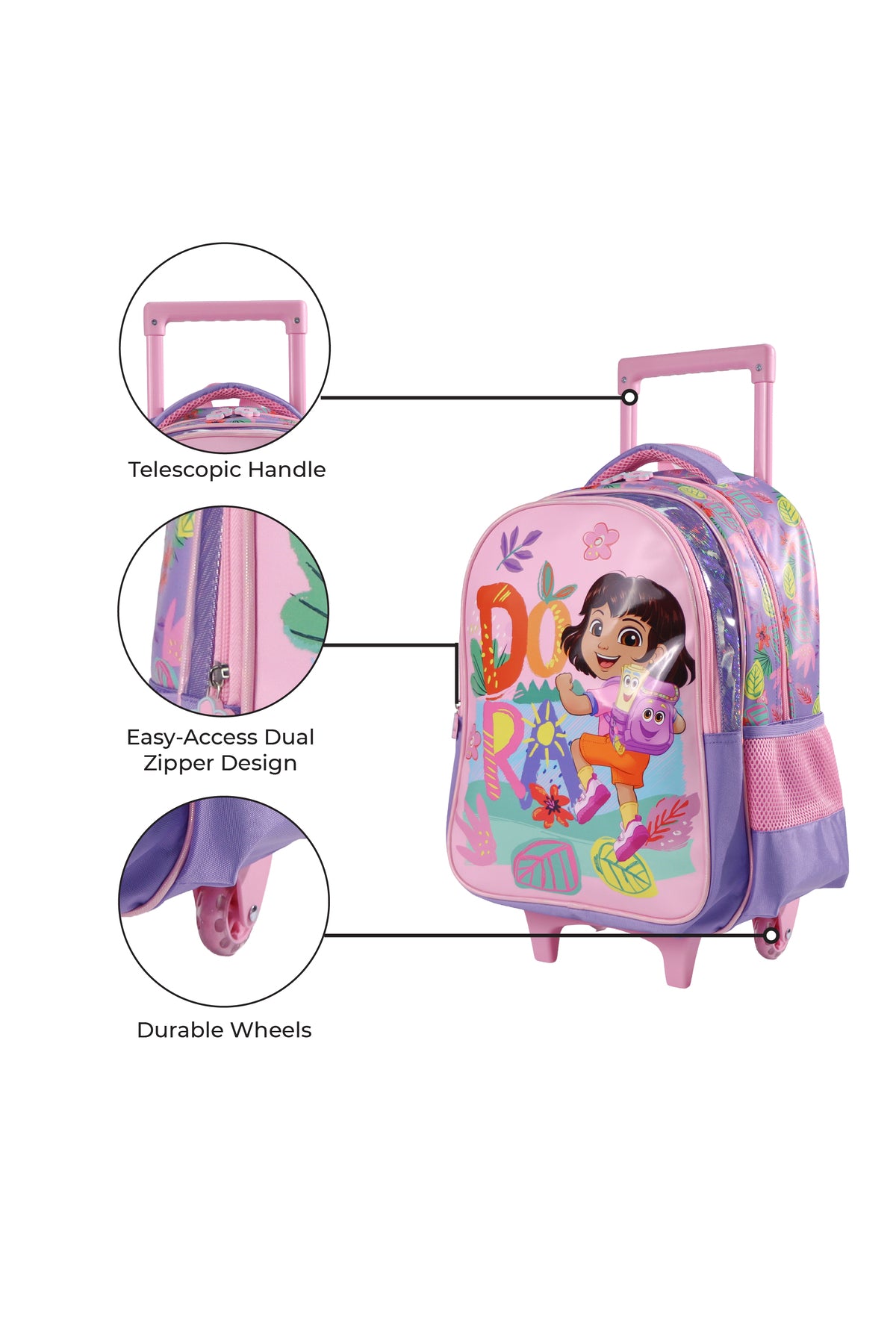 MOON Licensed Dora the Explorer  3 in 1 Kids Trolley Set   - (16-Inch) Premium Kids School Bag with Lunch Bag & Pencil Case-Pink