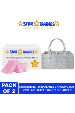 Star Babies - Disposable Changing Pads With Baby Diaper Caddy Organizer 50Pcs - Pink Grey