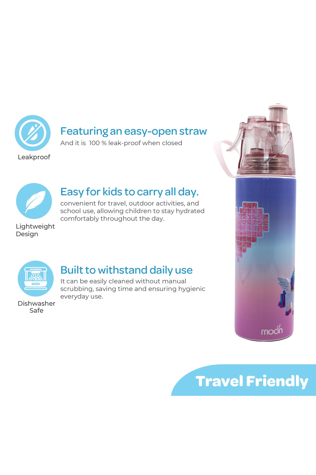 MOON Kids Water Bottle with Spray Mist | Cooling Spray | BPA-Free  Stainless Steel | Leak-Proof for School, Camping, Hiking, Outdoor Play | Boys Water Bottle |500ml