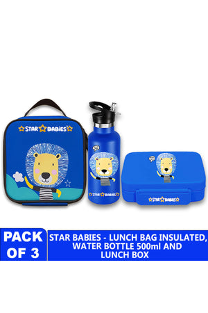 Star Babies- Lion Themed 5 Compartment Lunch box, Lunch Bag 500ml Stainless Steel Water Bottle- Blue