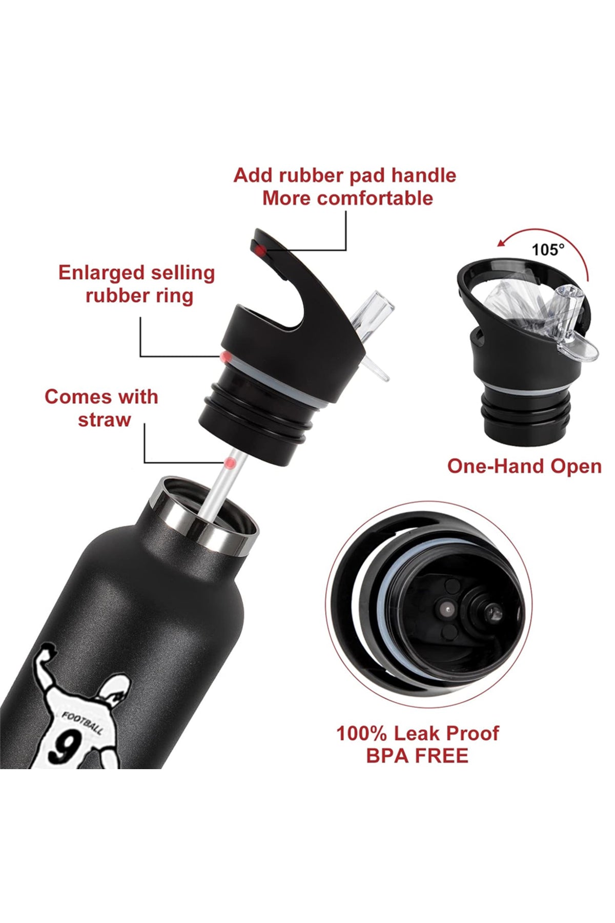Star Babies Football Theme Anti Spil Stainless Steel 500ml Water Bottles, Vacuum Insulated Double Wall Travel Bottle with Leak-Proof hot and cold with a special Straw 3 to 6 Years-  Black