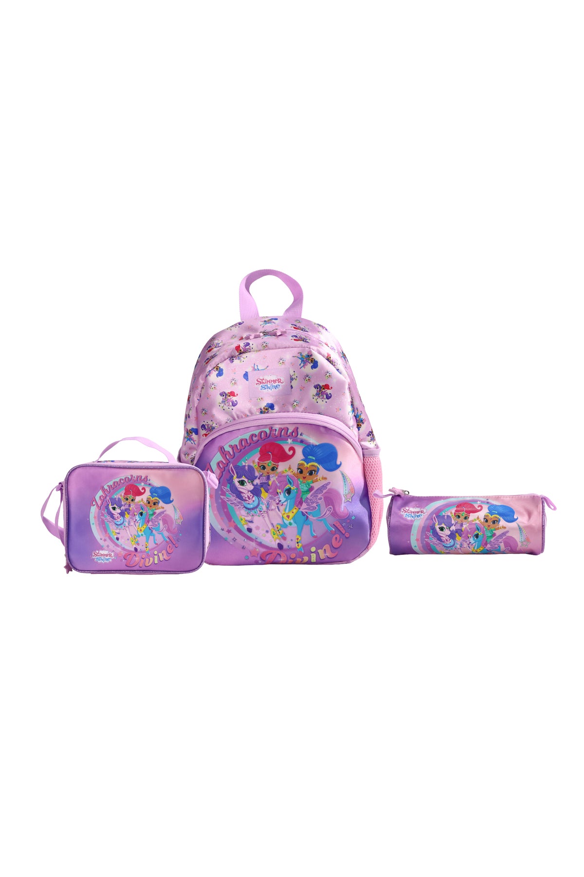 MOON Licensed Shimmer and Shine 3 in 1 KidsBackpack Set  - (13-Inch) Premium Kids School Bag with Lunch Bag & Pencil Case-Purple