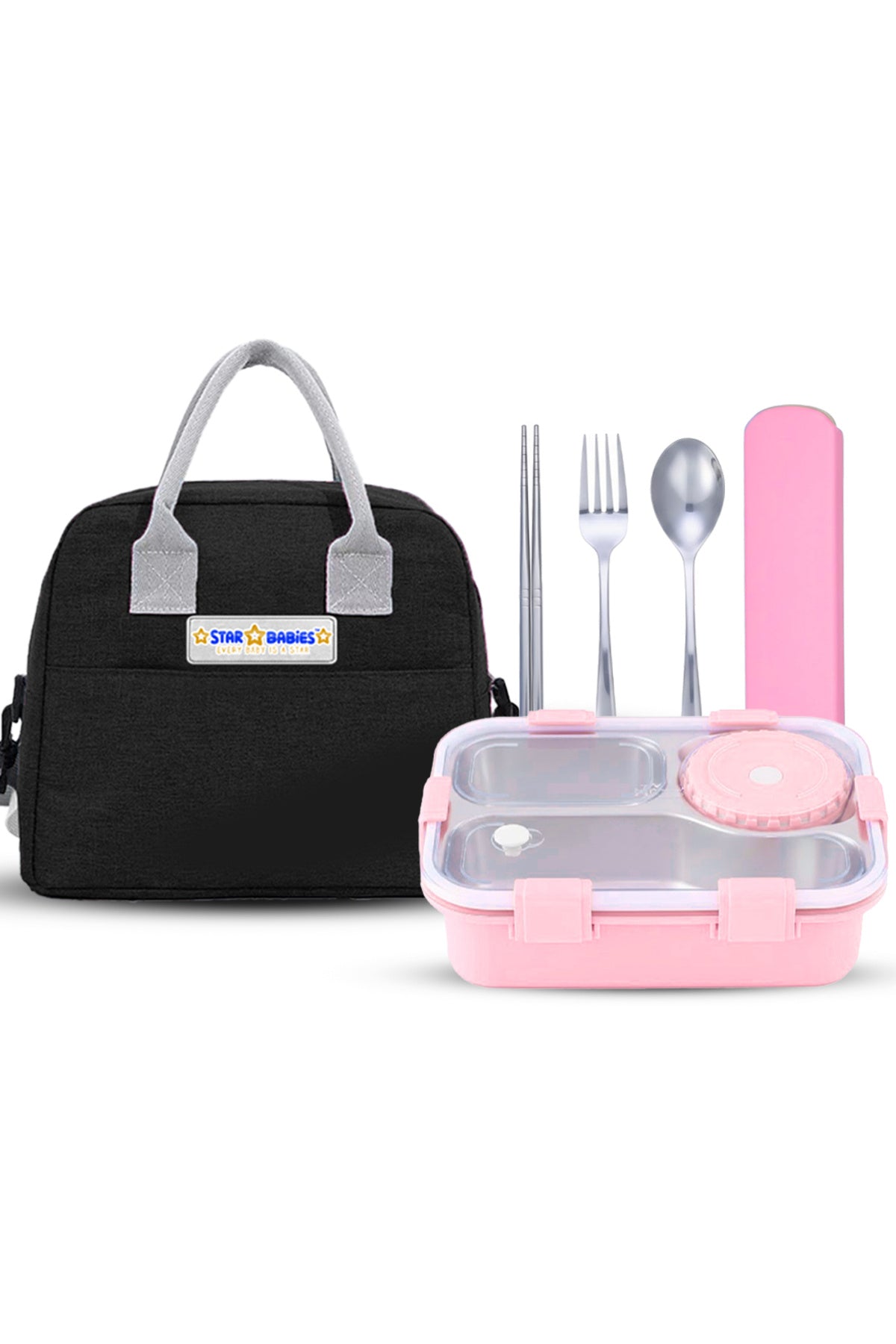 Star Babies -Insulated Lunch Bag with 304 Stainless Steel Bento Lunch Box – 4-Compartment Leak-Resistant Food Container with Stainless Steel Cutlery Set