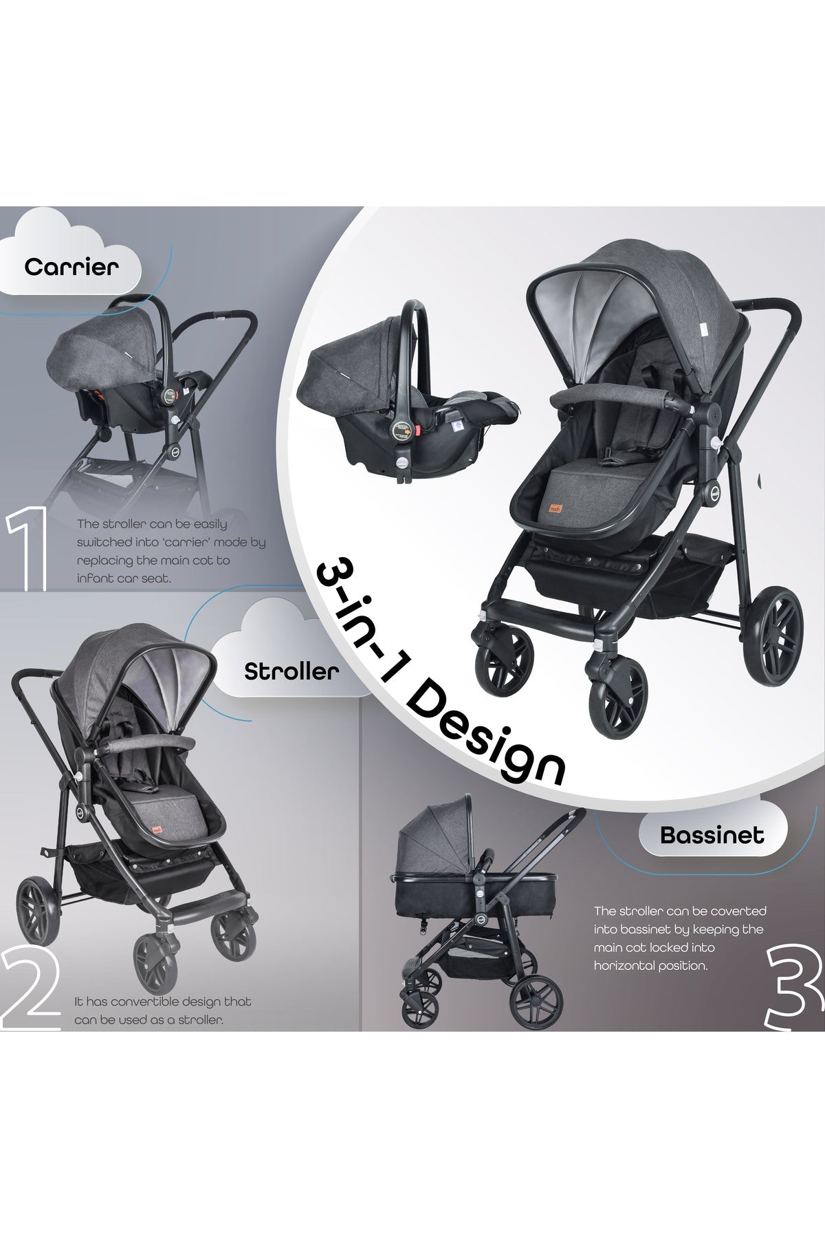MOON Tres 3 in 1  Travel System - Grey