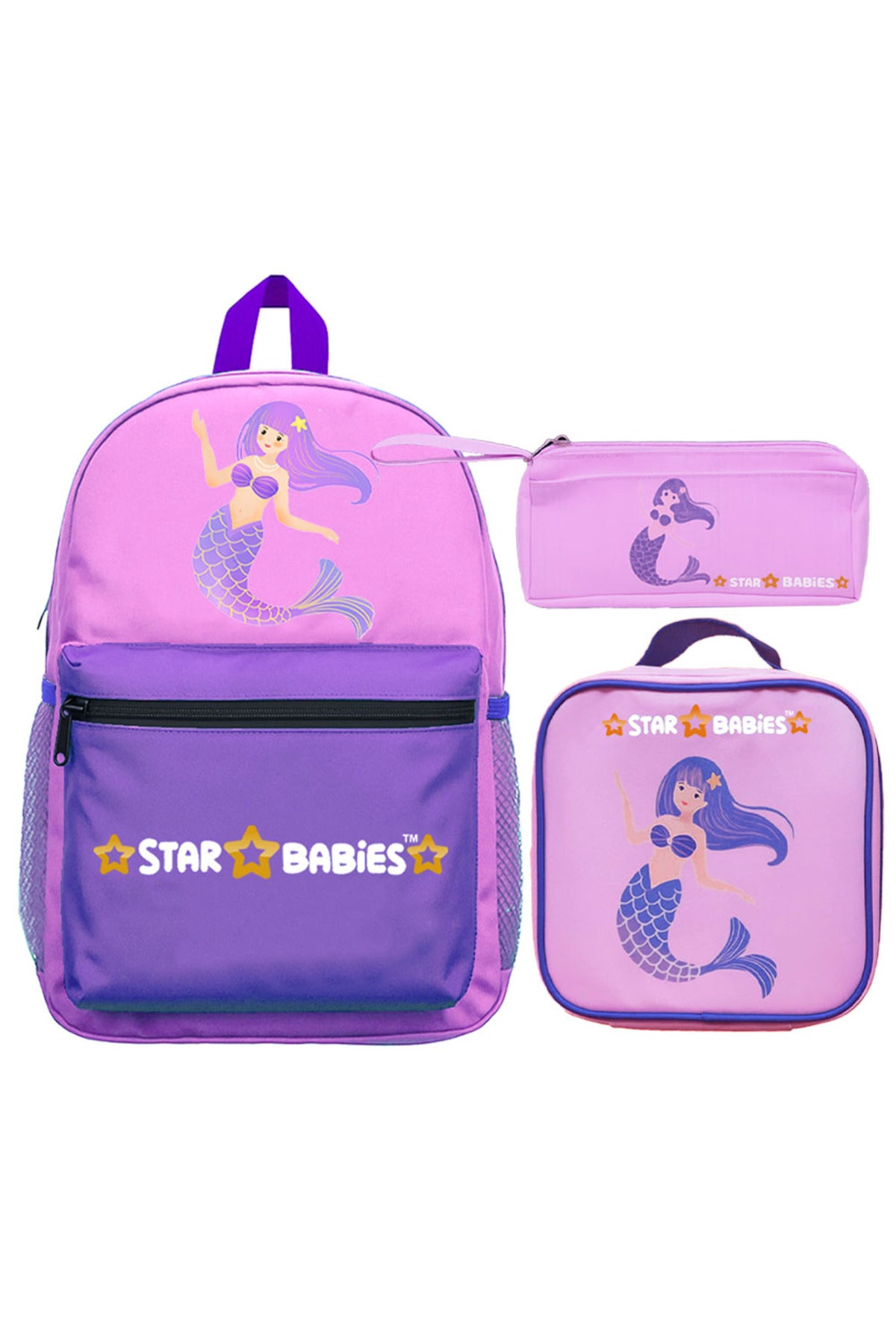 Star Babies 16-Inch Mermaid Themed Children's Backpack with Adjustable Shoulder Strap for Hiking Large with Bento Lunch Bag and Dual Zipper Pencil Case Pack of 3