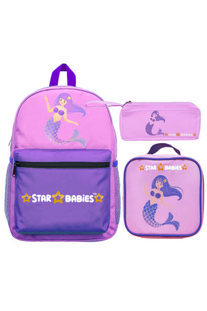 Star Babies 16-Inch Mermaid Themed Children's Backpack with Adjustable Shoulder Strap for Hiking Large with Bento Lunch Bag and Dual Zipper Pencil Case Pack of 3