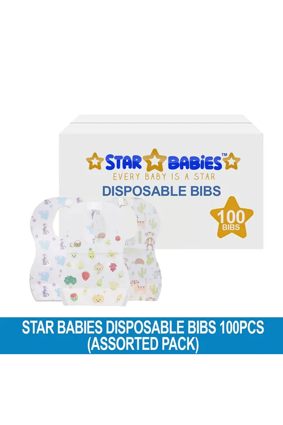 Star Babies Disposable Bibs Pack of 100 - Assorted Printed