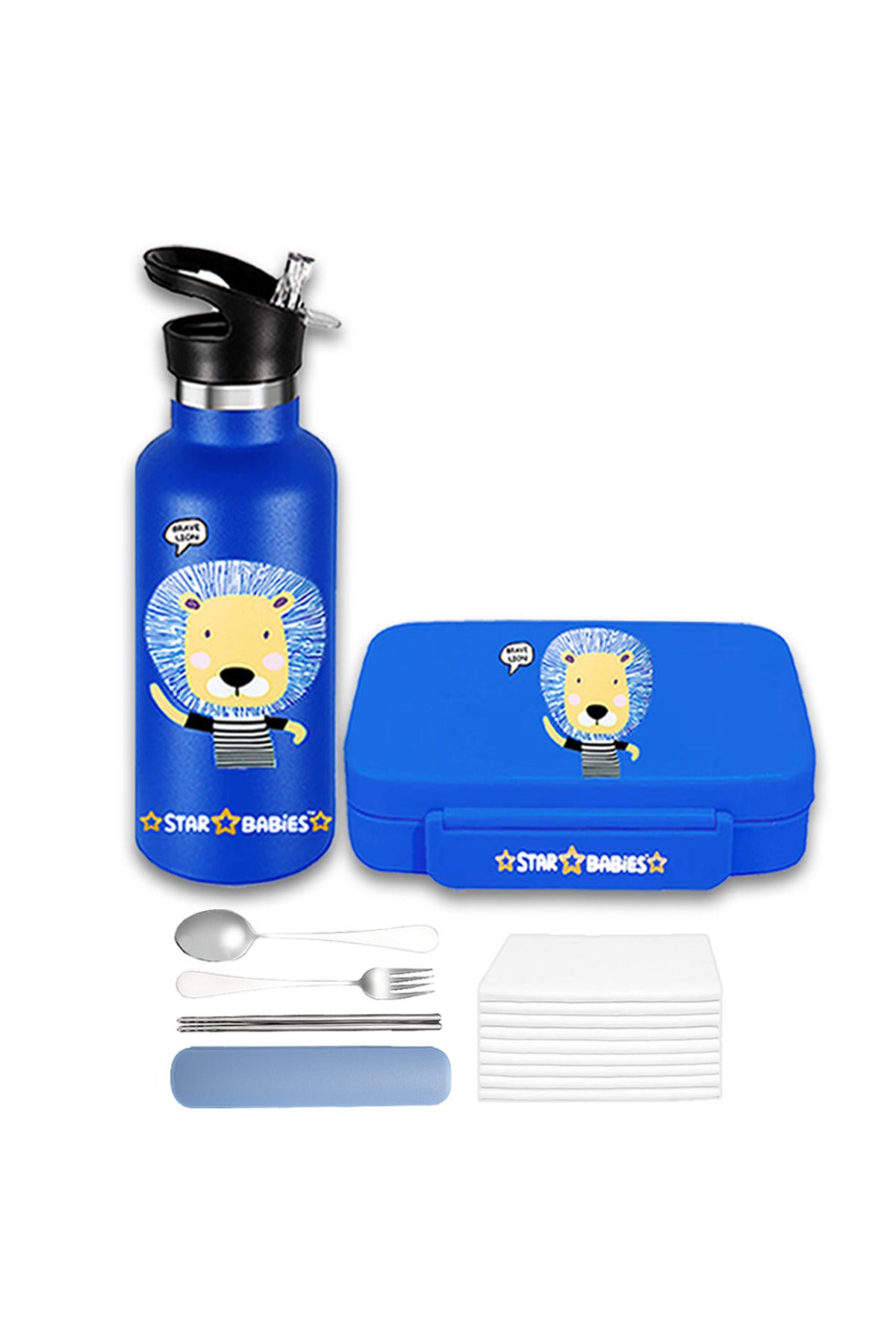 Star Babies - Star Babies Brave Lion Bento Lunch Box with 4 Compartments, BPA Free, Leak-Proof with Anti Spil Stainless Steel 500ml Water Bottles, Vacuum Insulated Double Wall Travel Bottle with Leak-Proof Straw Lid