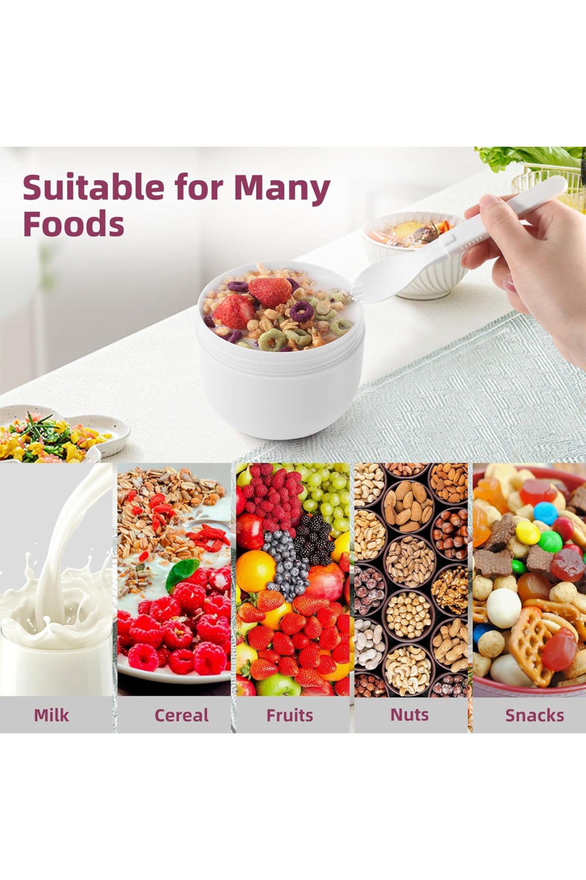 Star Babies Stainless Steel Food Jar 600ml Portable Microwave Safe Breakfast Cup with Spoon & Leak Proof Lid - White