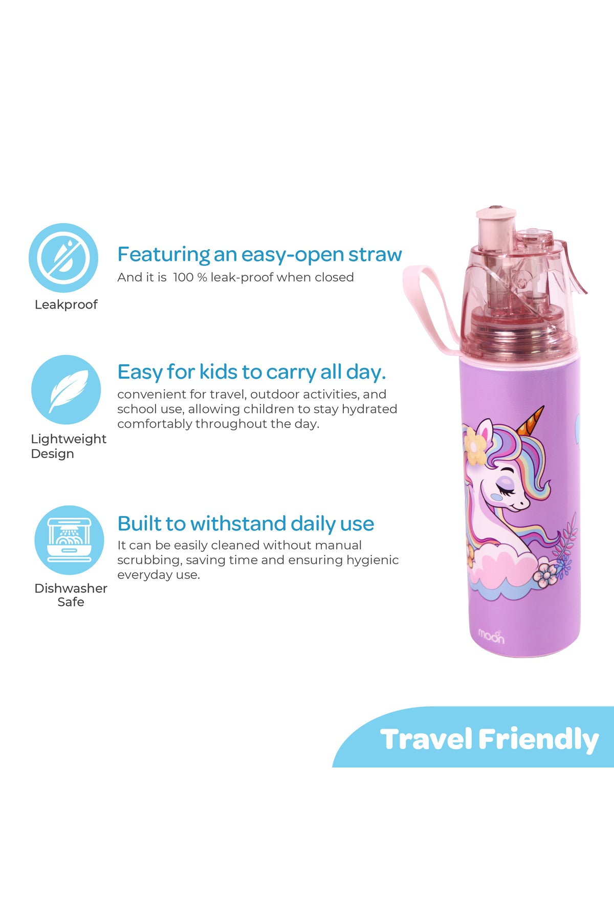 MOON Kids Water Bottle with Spray Mist | Cooling Spray | BPA-Free  Stainless Steel | Leak-Proof for School, Camping, Hiking, Outdoor Play | Boys Water Bottle |500ml