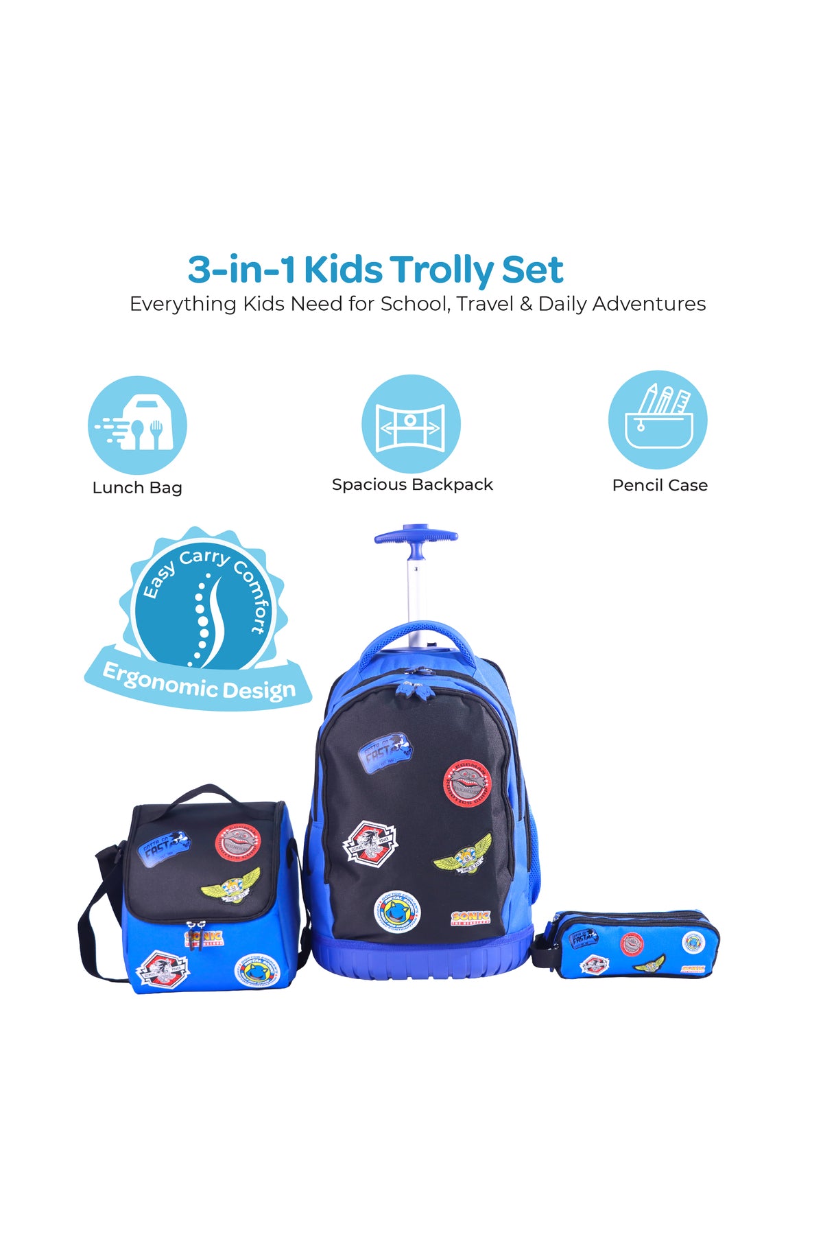 MOON Licensed SONIC  the Hedgehog 3-in-1 Kids Trolley Backpack Set     - (18-Inch) Premium Kids School Bag with Lunch Bag & Pencil Case-Black&Blue