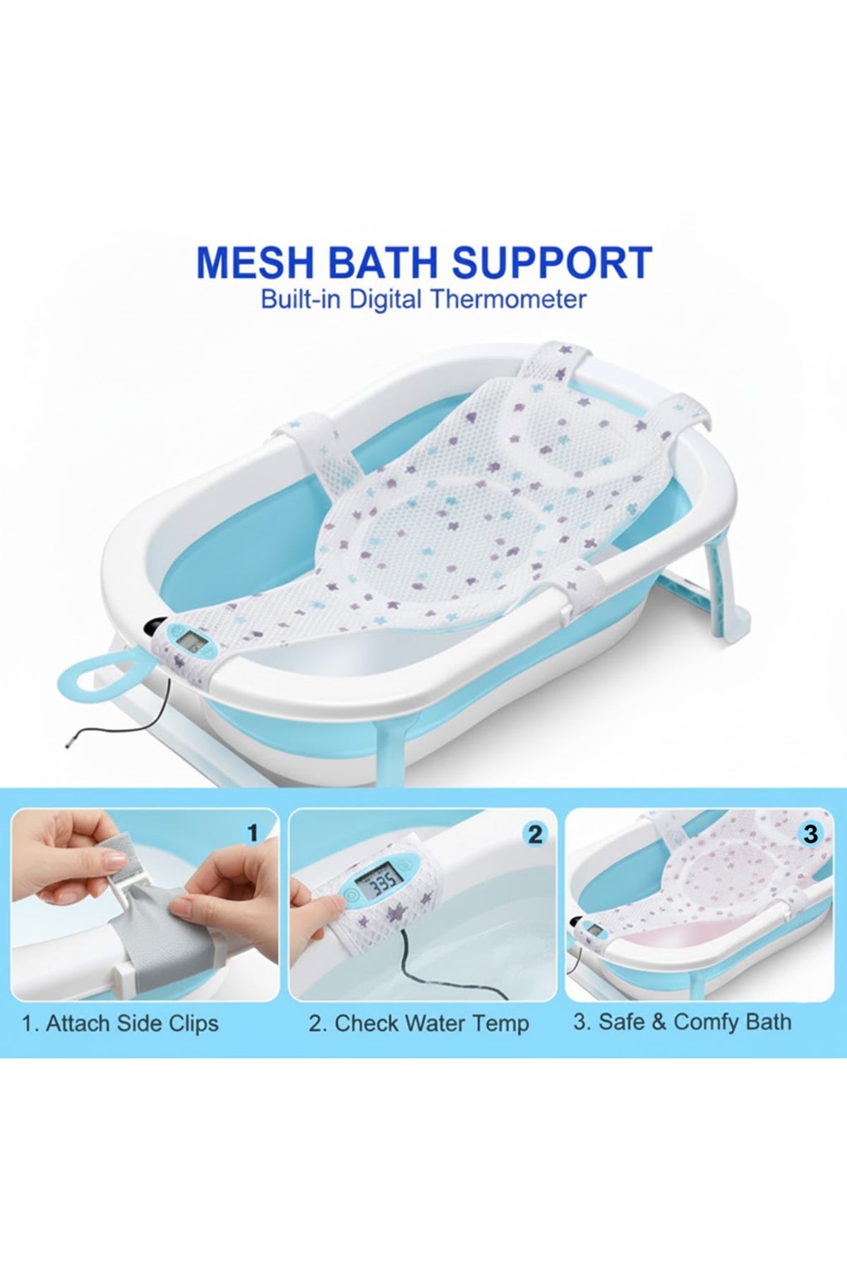 Star Babies - Baby Foldable Bathtub With Thermometer & Bath Seat Support Net, Set - Blue - Pack of 2