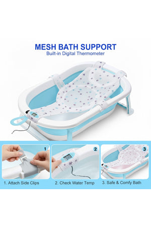 Star Babies - Baby Foldable Bathtub With Thermometer & Bath Seat Support Net, Set - Blue - Pack of 2