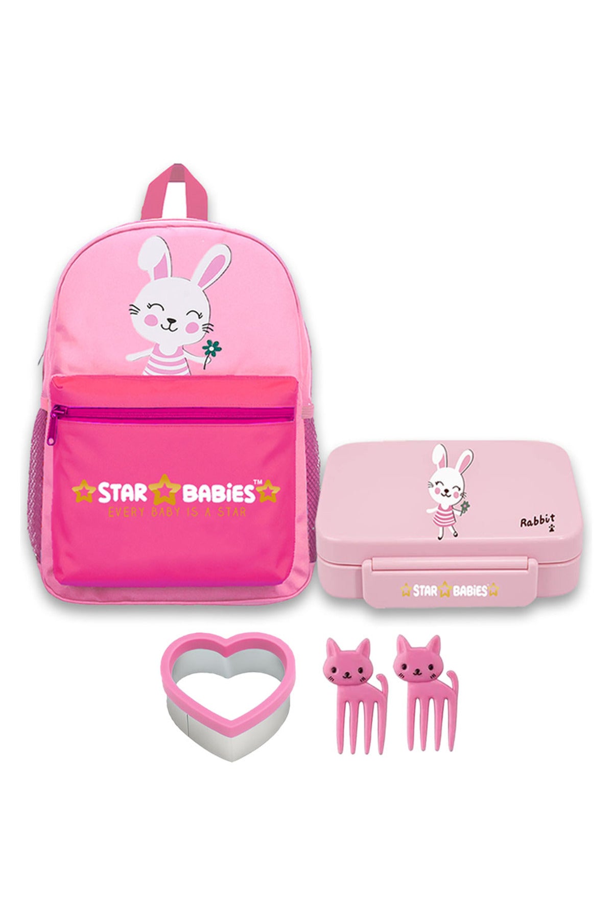 Star Babies 16-Inch Cute Rabbit Themed Children's Backpack with Adjustable Shoulder Strap for Hiking Large with Bento Lunch Box with 4 Compartments, BPA Free, Leak-Proof, Toddler-Friendly, 3 Years+ size,Pack of 2