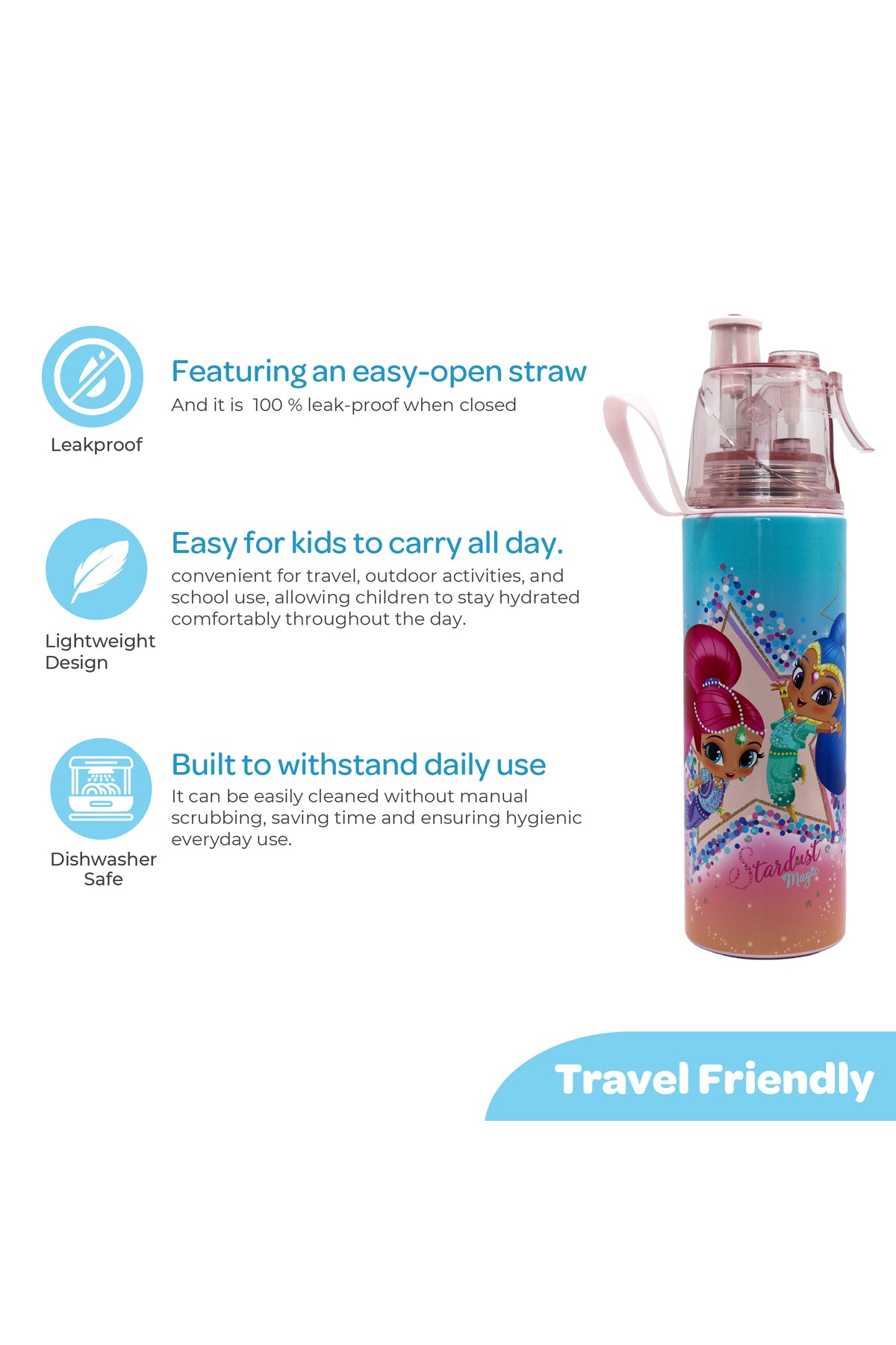 MOON Licensed Simmer & Shine Kids Water Bottle with Spray Mist | Cooling Spray | BPA-Free  Stainless Steel | Leak-Proof for School, Camping, Hiking, Outdoor Play | Girls Water Bottle |500ml