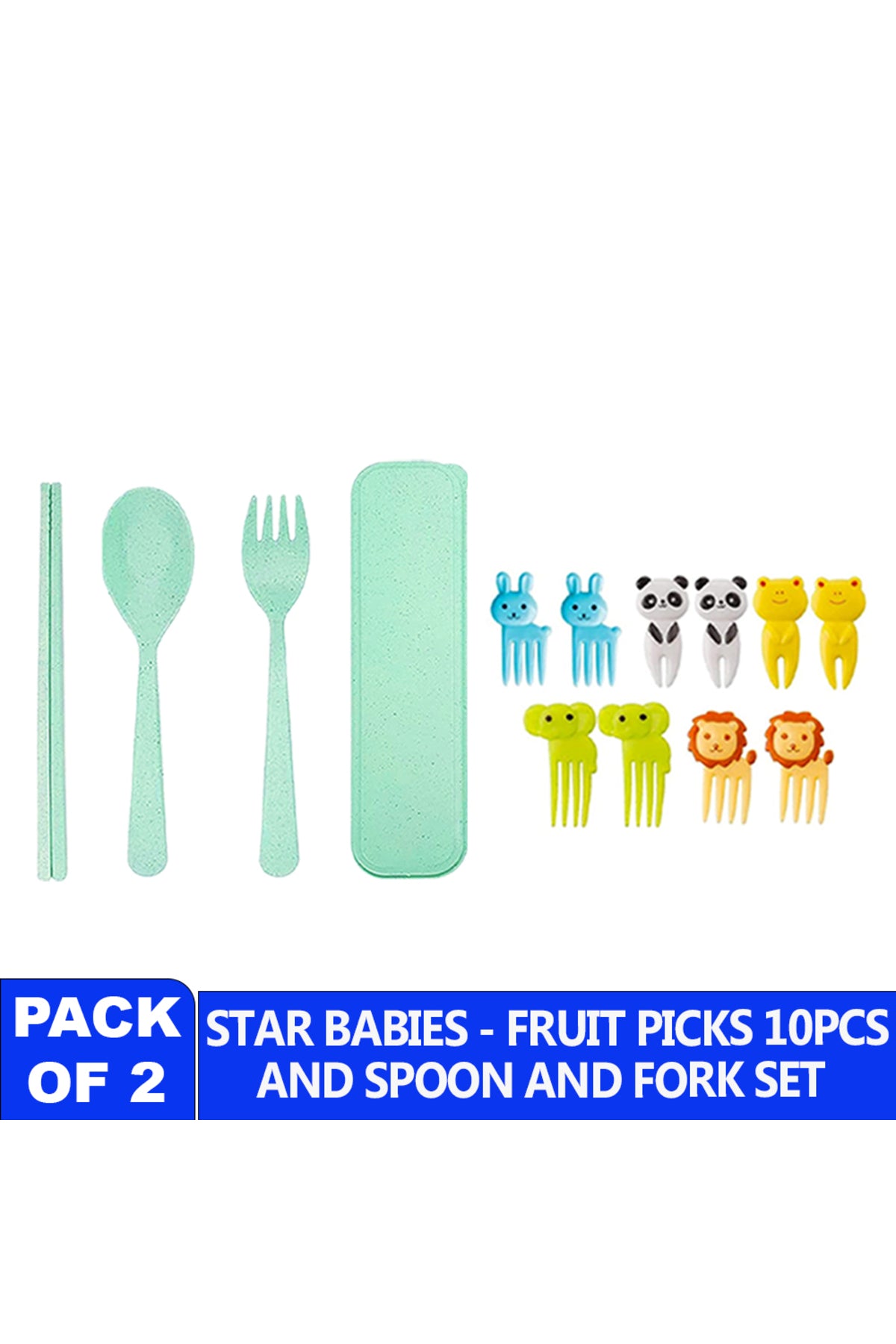 Star Babies combo -   Fruit picks (10 pcs) with organic cuttlery set Green