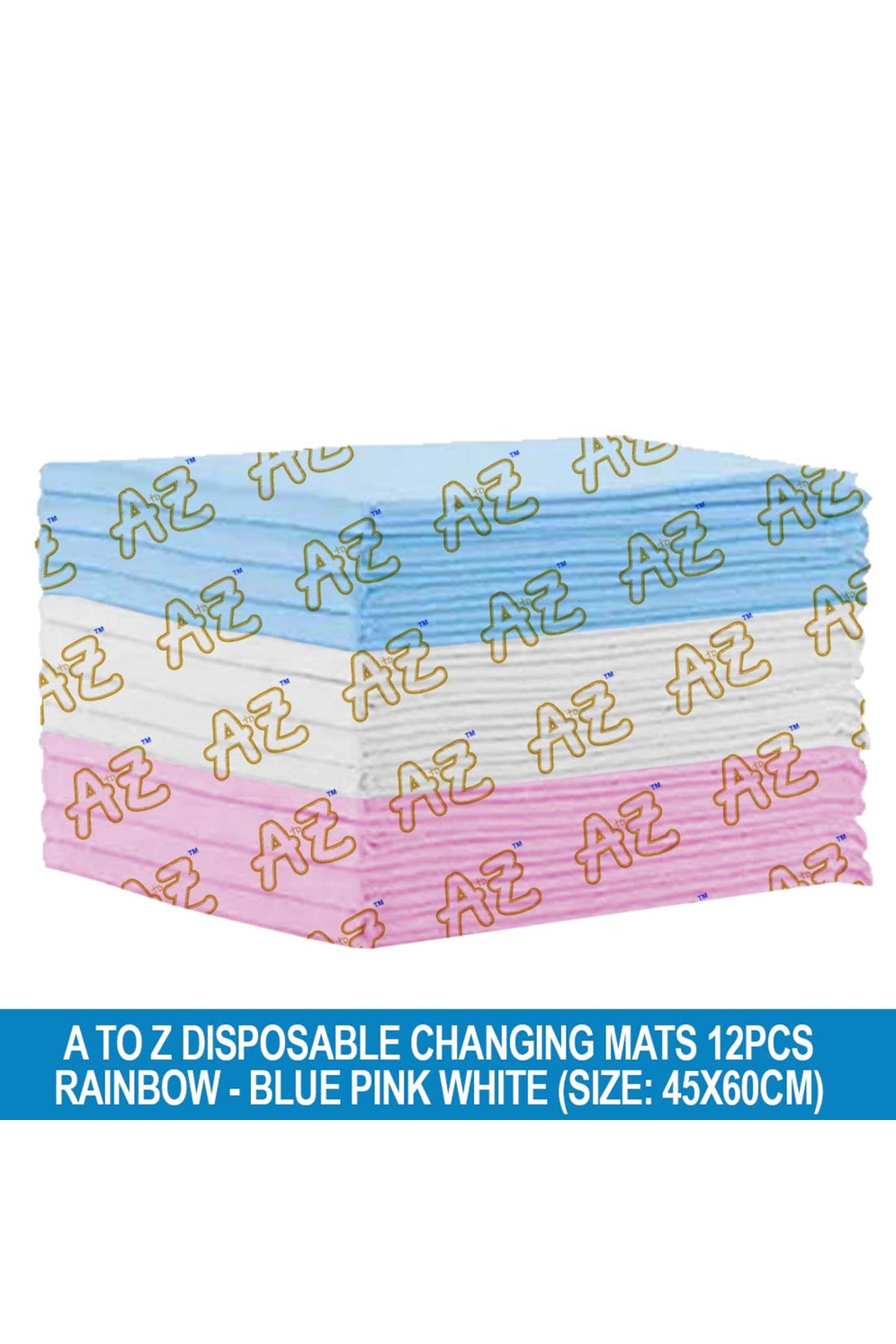 A to Z - Disposable Changing Mat size (45cm x 60cm) Large- Premium Quality for Baby Soft Ultra Absorbent Waterproof - Pack of 12 - Blue/Pink/White-Rainbow
