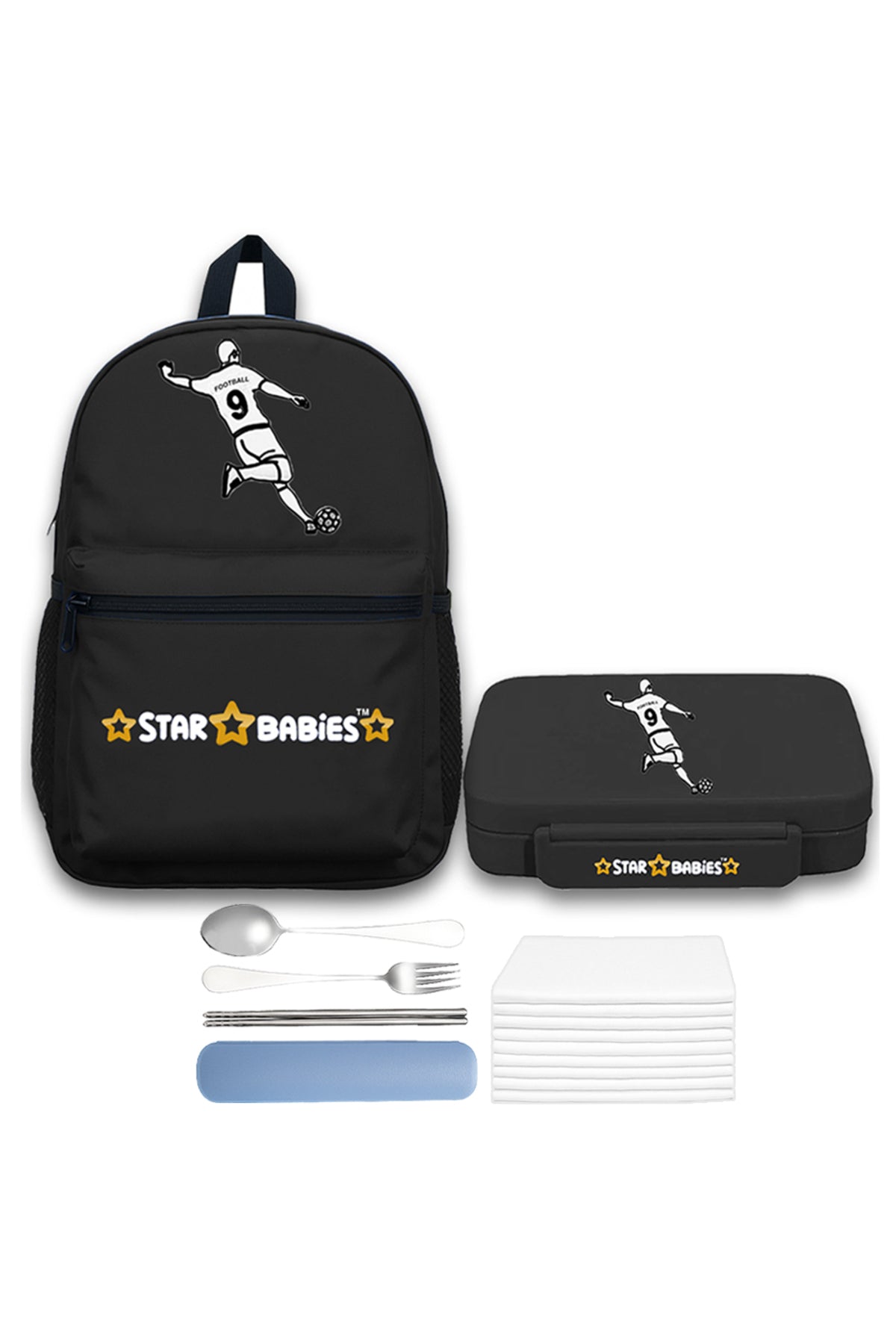 Star Babies 16-Inch Children's Backpack with Adjustable Shoulder Strap for Hiking Large and with 5 compartment Bento Lunch Box , Leak-Proof, Toddler-Friendly, 3 Years+, including free items- Disposable towel(Pack of 10), Fork-spoon Set