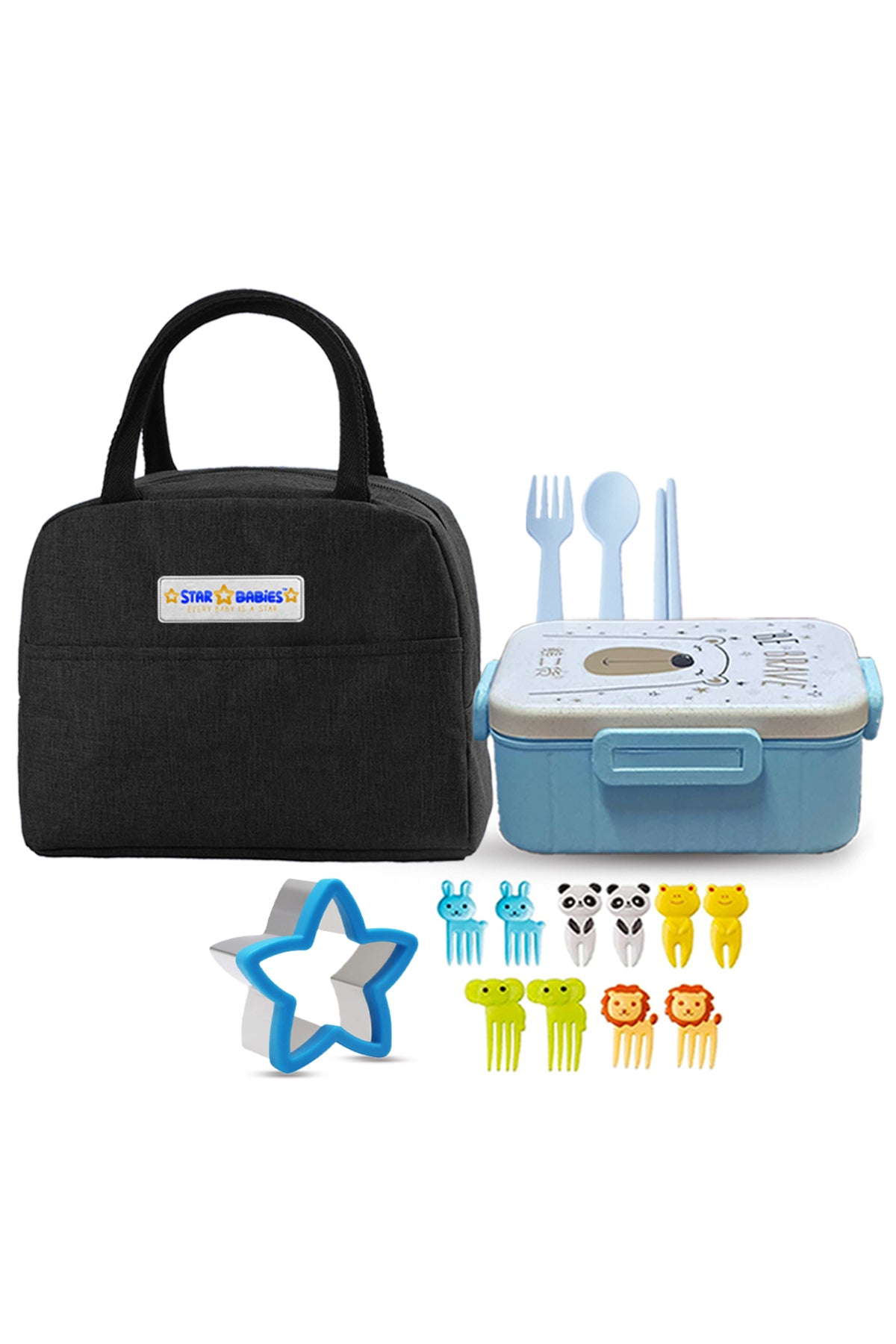 Kids Lunch Box Combo – Black Insulated Lunch Bag + Bento Box with , Sandwich Cutter & Fruit Picks – free