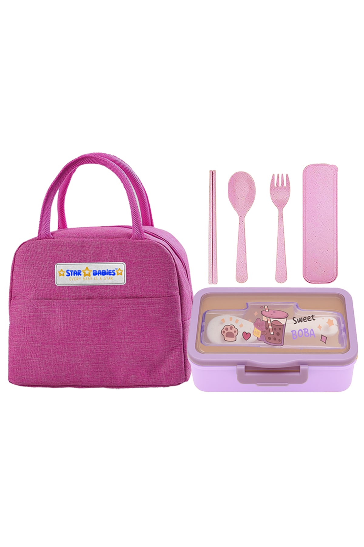 Star babies pack of 3 combo - Insulated lunch bag and 4 compartment lunch box with organic cuttlery set.