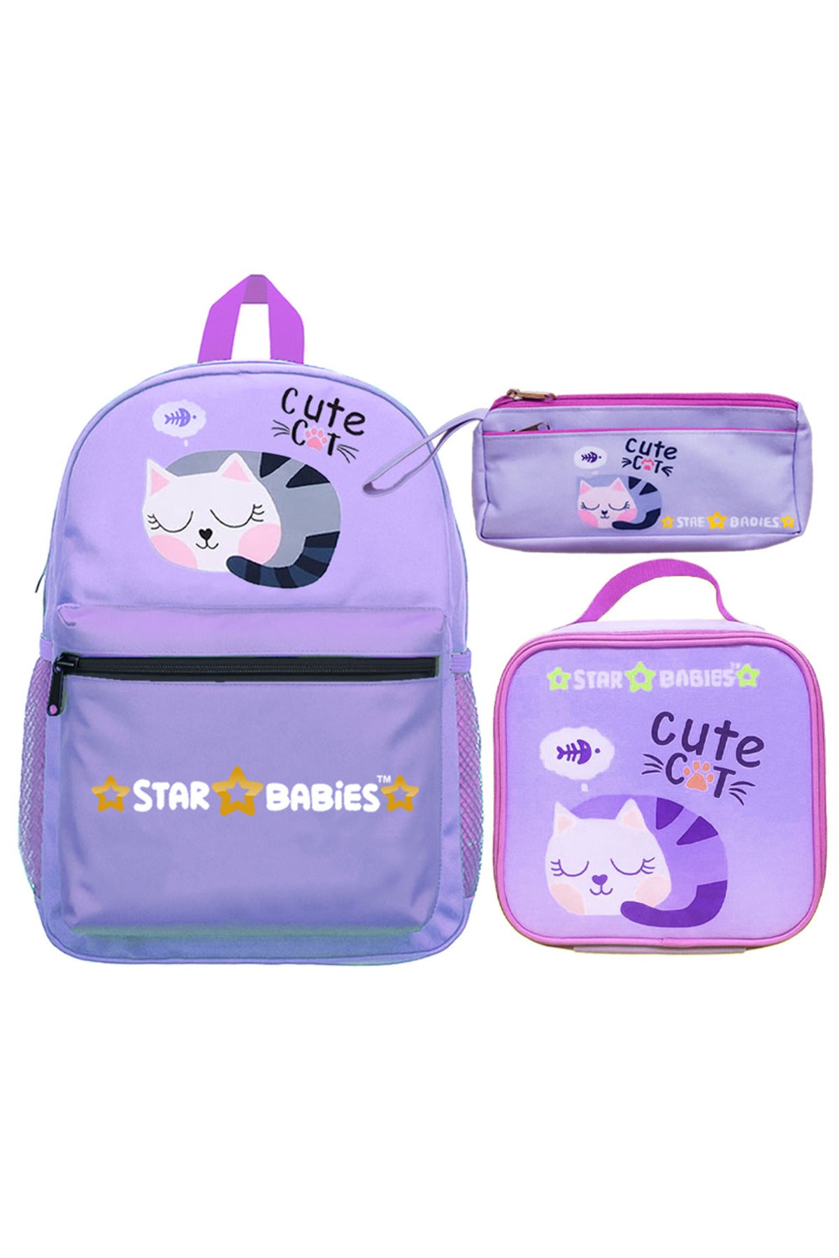 Star Babies 16-Inch Cute Cat Themed Children's Backpack with Adjustable Shoulder Strap for Hiking Large with Bento Lunch Bag and Dual Zipper Pencil Case Pack of 3