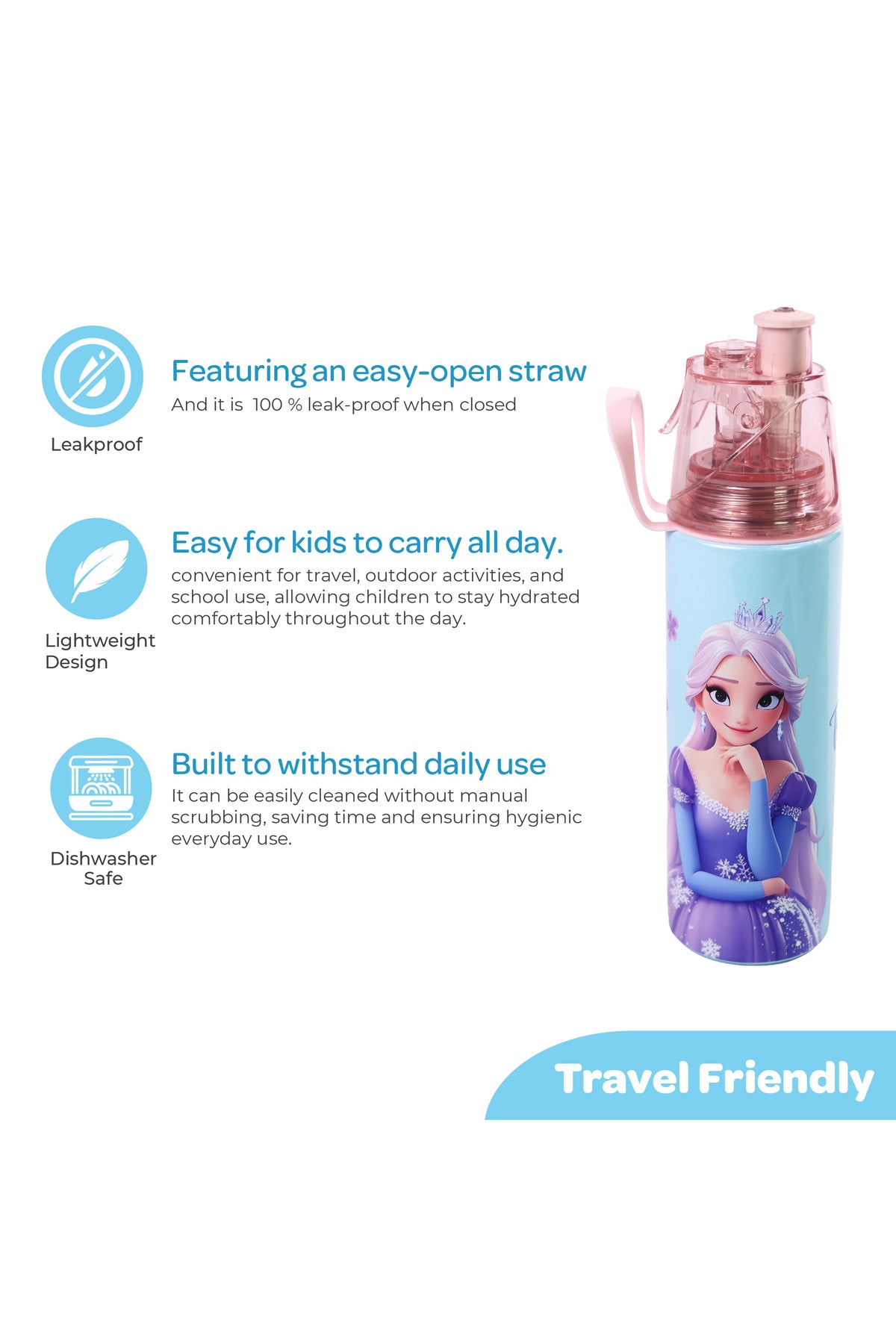MOON Elisa Frozen Theme Water Bottle with Spray Mist | Cooling Spray | BPA-Free  Stainless Steel | Leak-Proof for School, Camping, Hiking, Outdoor Play | Boys Water Bottle |500ml