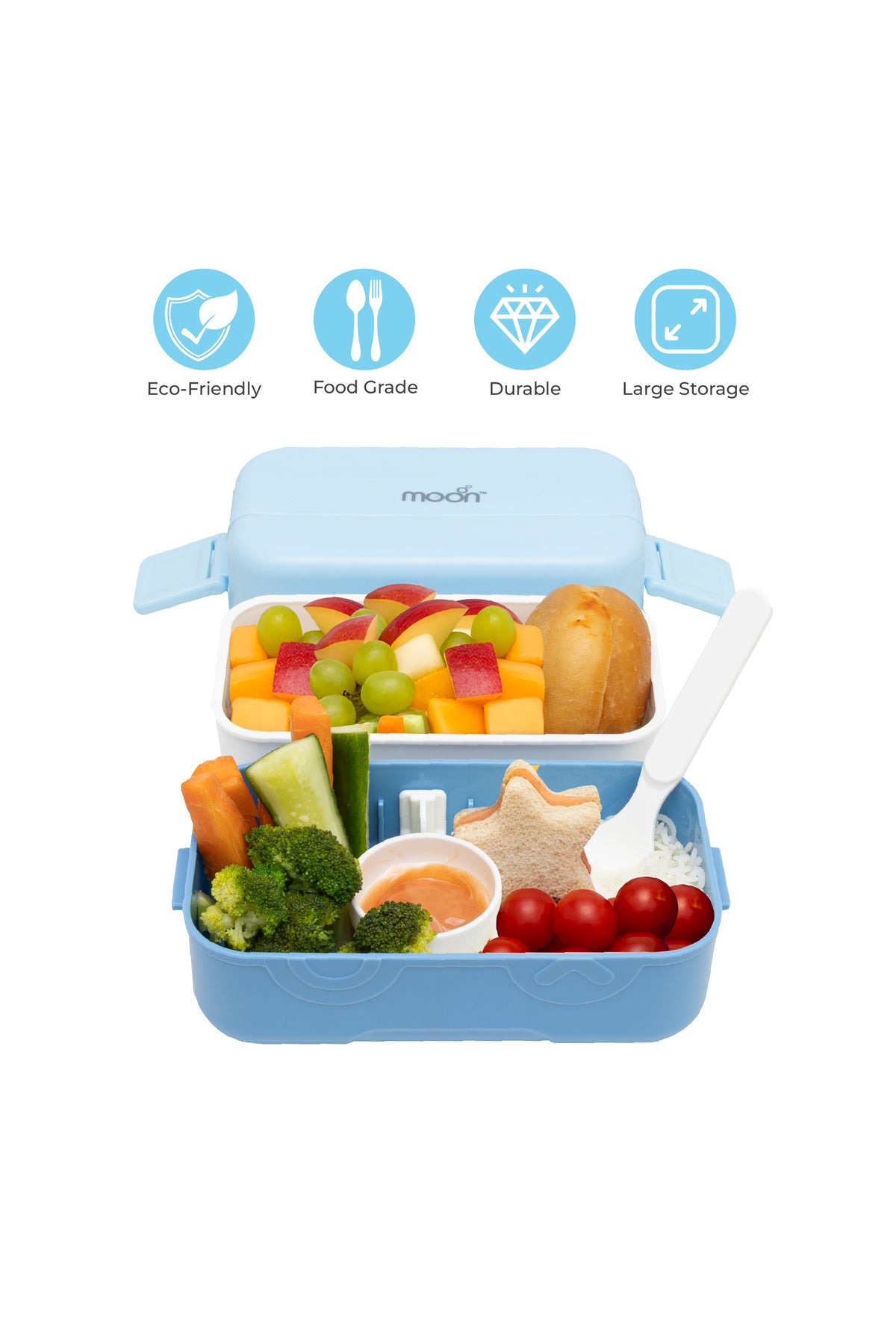 MOON Fiesta Kids Two-Tier Bento Lunch Box – BPA-Free, Leakproof, Stackable with Spoon & Seasoning Box – Blue
