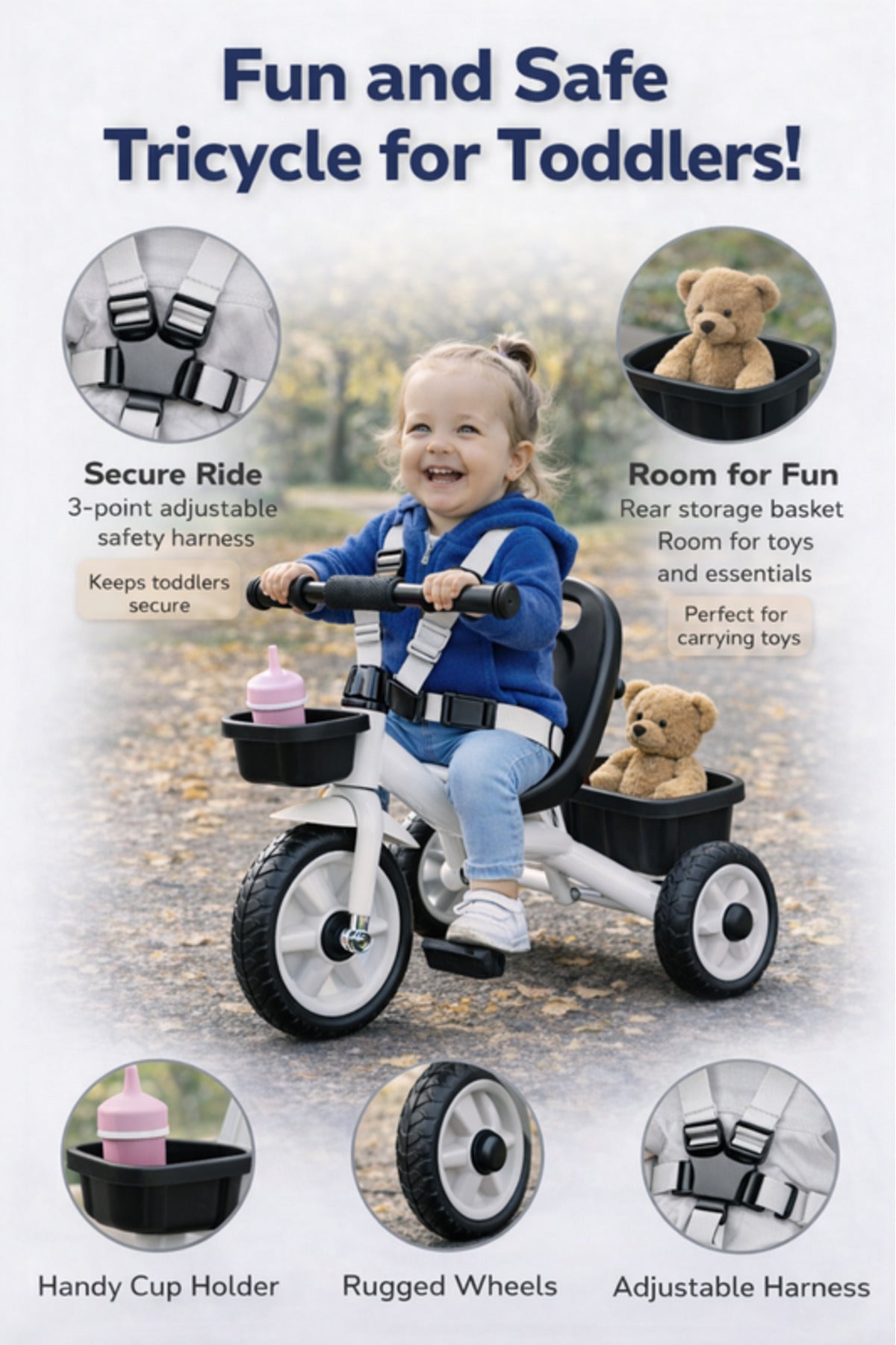 StarMarz Toddler 3-Wheel Tricycle Ride-On Toy with Safety Seat, Cup Holder & Rear Storage Basket - White
