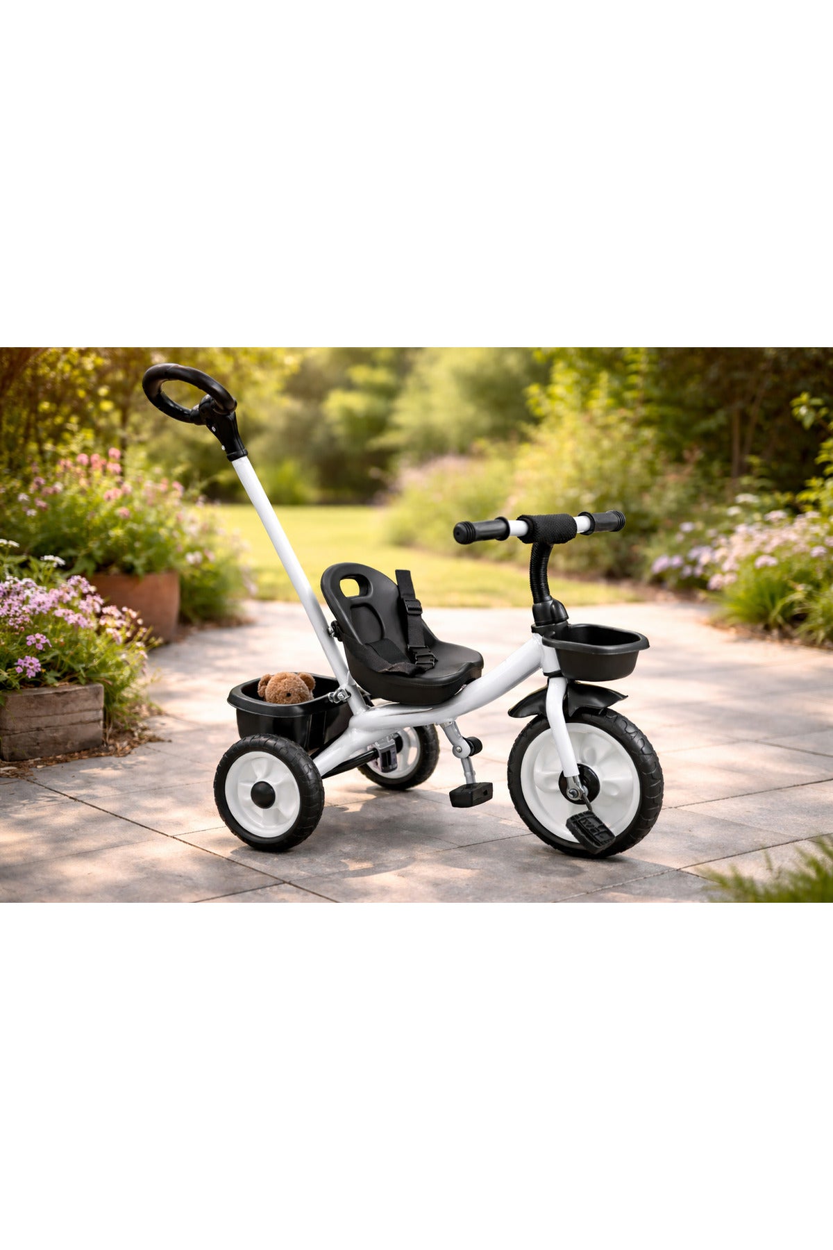 StarMarz Kids Tricycle with Push Handle | Toddler Ride-On Bike with Safety Seat, Backrest & Storage Basket | Baby Trike for Boys & Girls (1–4 Years) - White