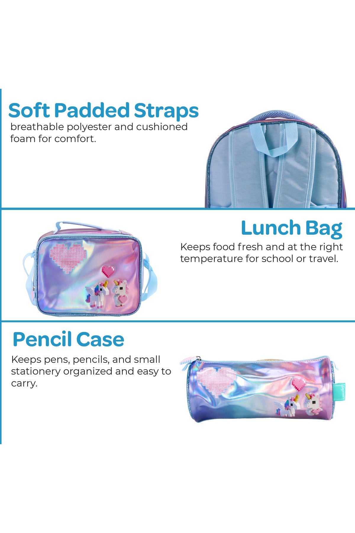 MOON Unicorn Backpack Set for Girls 3 in 1 – 16 Inch Premium Kids School Bag with Lunch Bag & Pencil Case-Pink &Blue