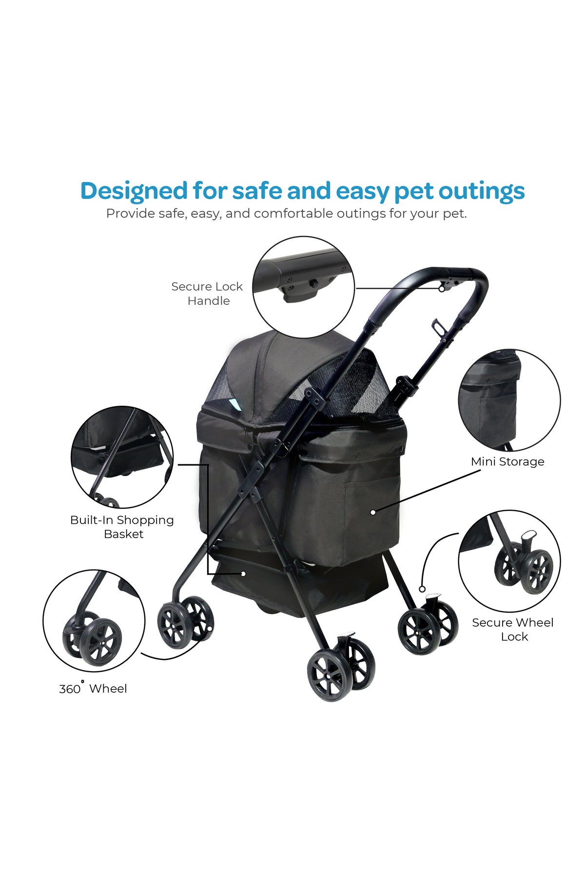 Moon  PawPerch Pet Stroller  Lightweight Foldable | Storage Basket & Waterproof Pad-Grey