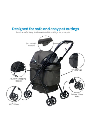 Moon  PawPerch Pet Stroller  Lightweight Foldable | Storage Basket & Waterproof Pad-Grey