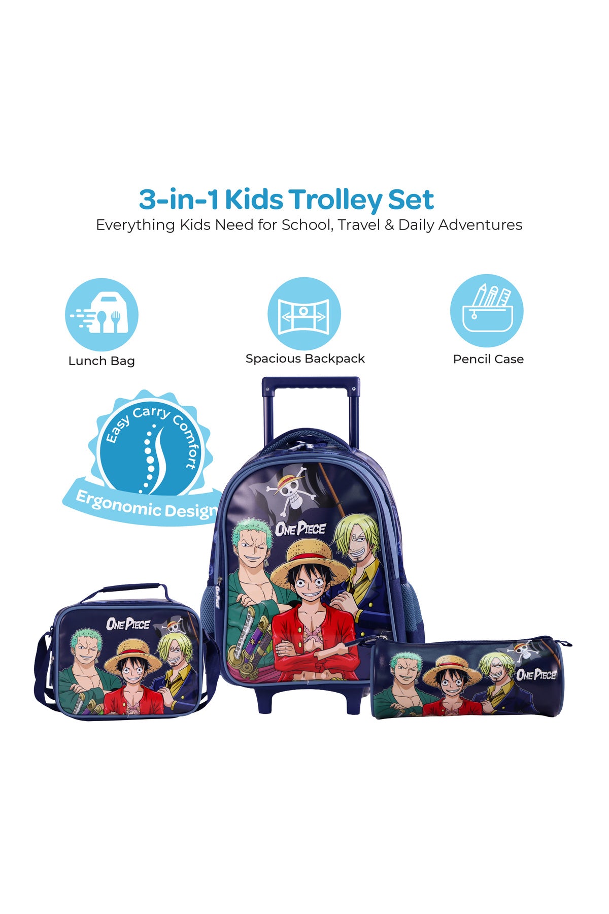 MOON Licensed One Piece3 in 1 Kids Trolley Set   - (16-Inch) Premium Kids School Bag with Lunch Bag & Pencil Case-Blue