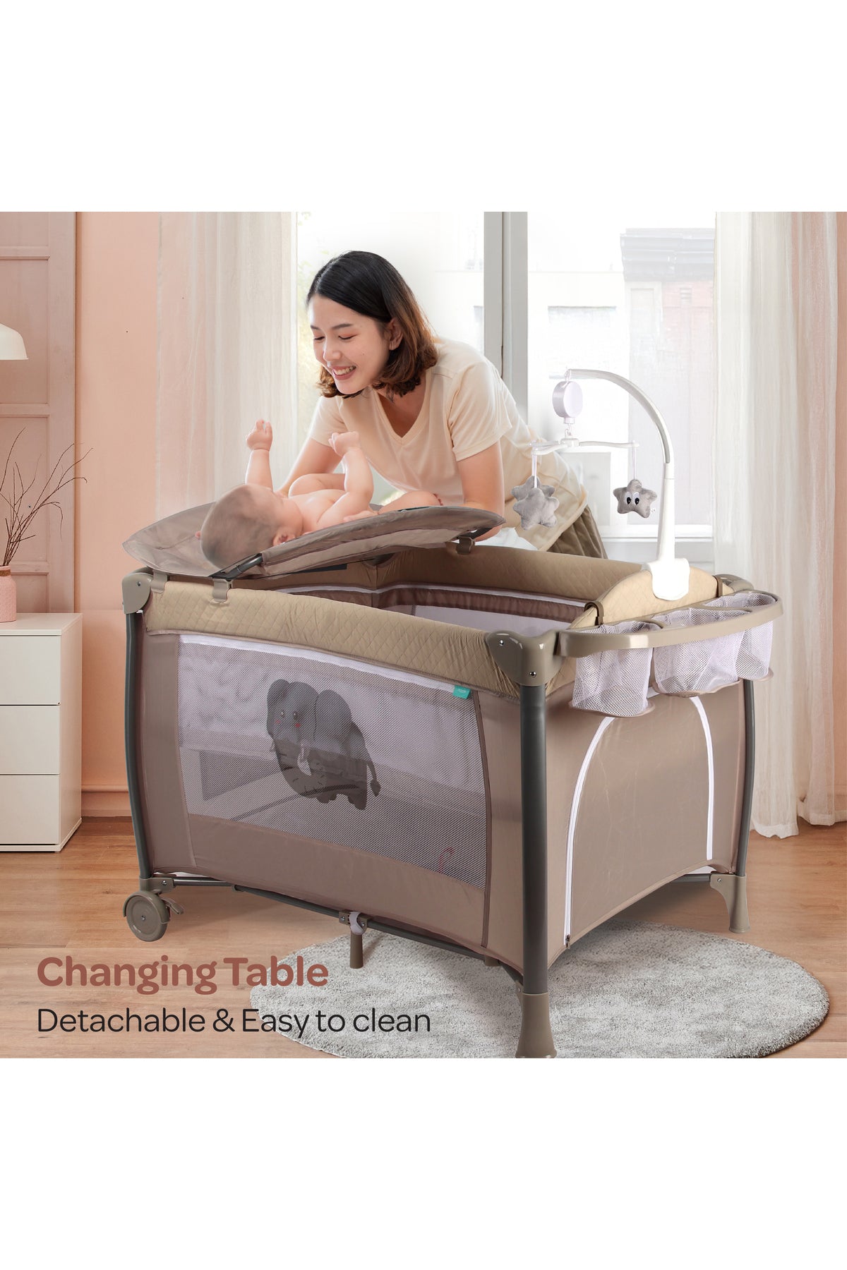 MOON Joypod Playpen with Removable Diaper Changer , Musical Toy & Lockable Wheels-Beige