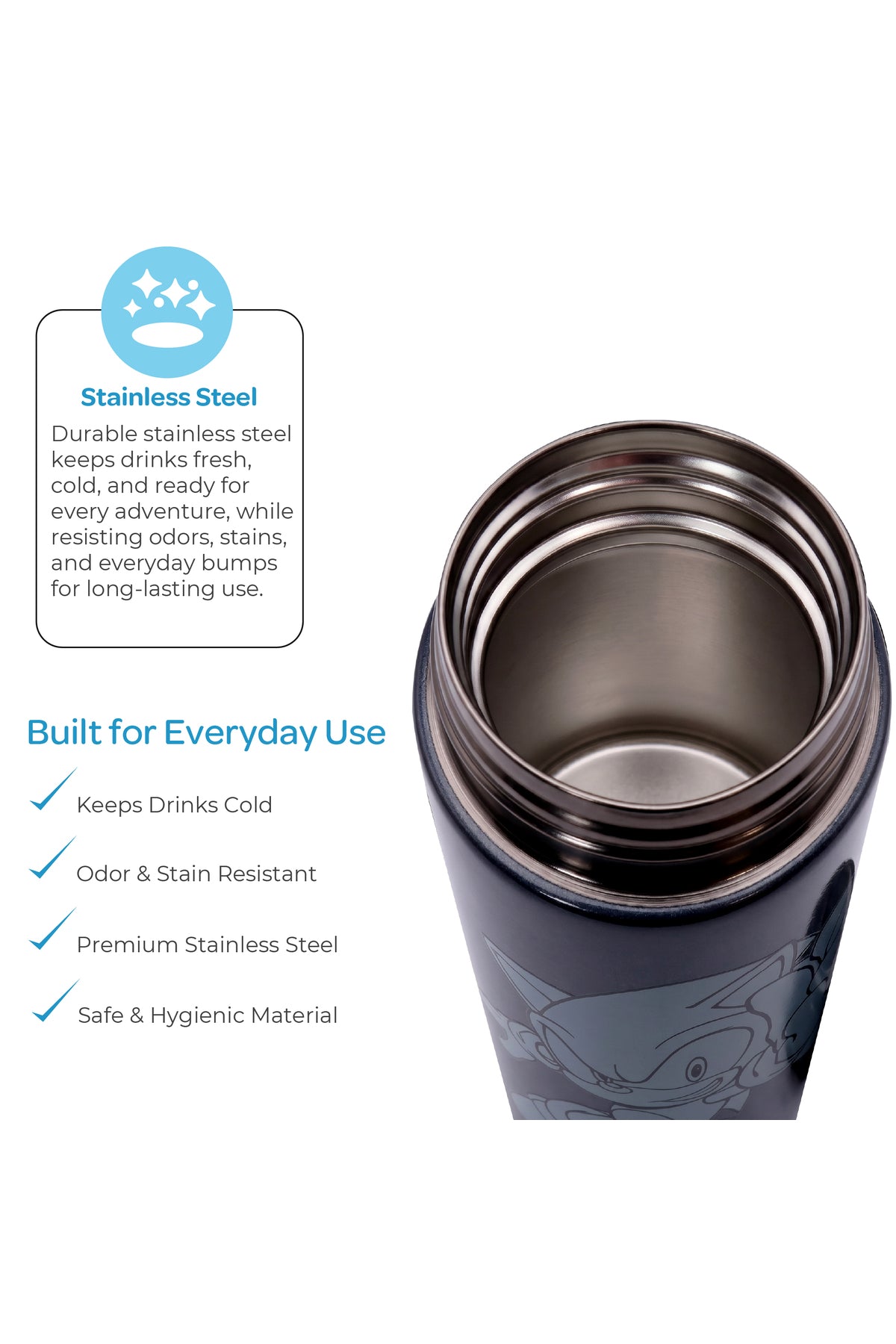 MOON Licensed Sonic Kids Water Bottle with Spray Mist | Cooling Spray | BPA-Free  Stainless Steel | Leak-Proof for School, Camping, Hiking, Outdoor Play | Boys Water Bottle |500ml