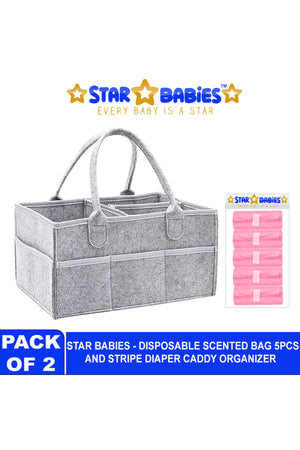 Star Babies - Baby Diaper Caddy & Scented Bag Roll Set - Grey/Pink - 6 Pcs