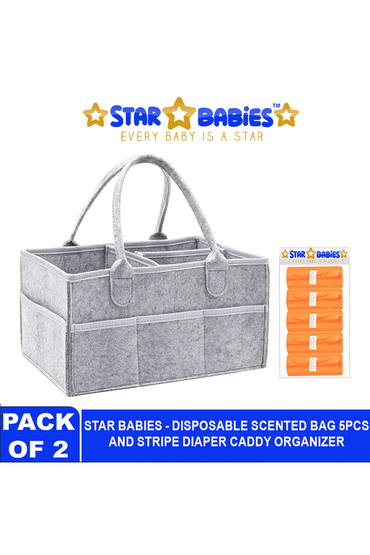 Star Babies - Baby Diaper Caddy & Scented Bag Roll Set - Grey/Orange - 6 Pcs