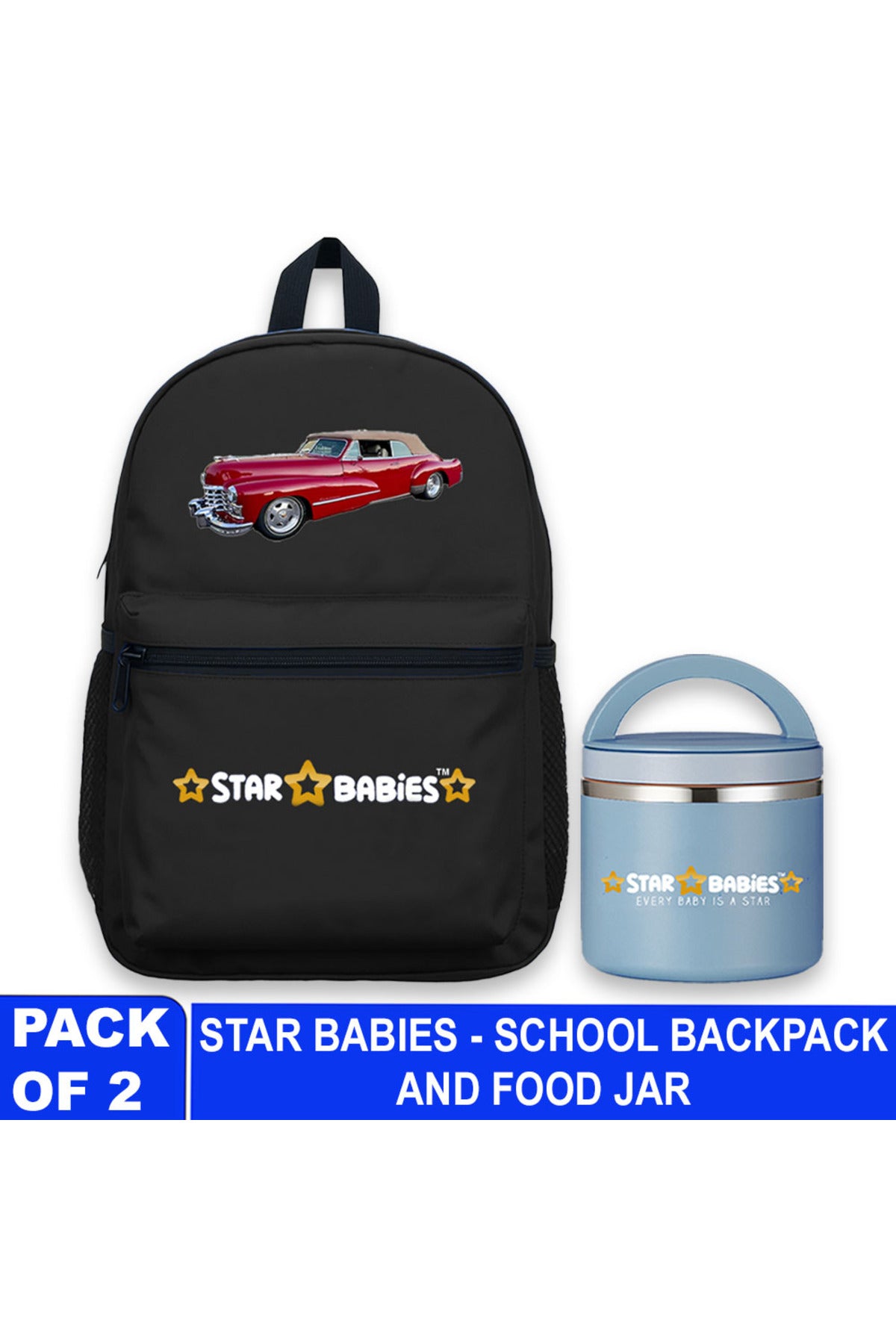 Star Babies car  theme  16-Inch Children's Backpack for boys Adjustable Shoulder Strap- Black  With food jar,Blue-500ml