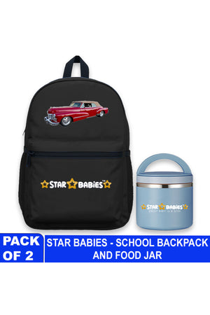 Star Babies car  theme  16-Inch Children's Backpack for boys Adjustable Shoulder Strap- Black  With food jar,Blue-500ml
