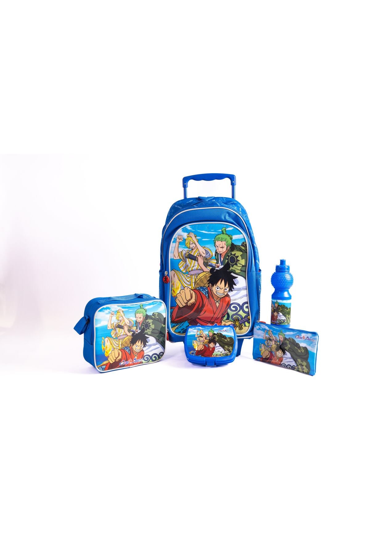 One Piece 18" Trolley School Bag Set With Lunch Bag, Pencil Case, Water Bottle & Lunch Box – Multicolor