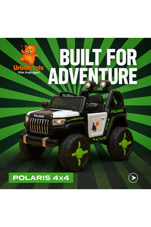 Urban Tots-Jeep Pollris Battery Operated Jeep For Kids With Wireless Remote Control - 12V8Ah Battery, 15000 Rpm Tyre Motor, 7000 Rpm Steering Motor-Green and Black
