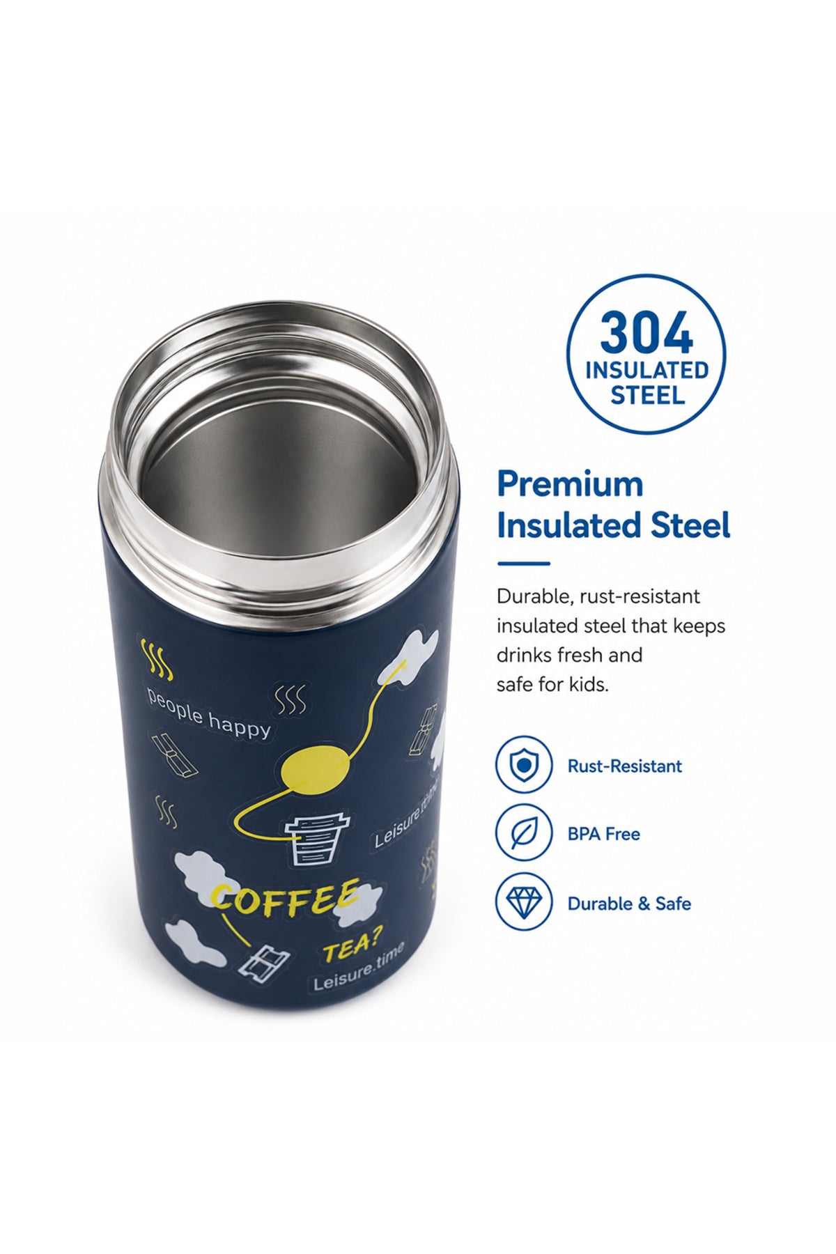 Cocobee 500Ml Insulated Stainless Steel Water Bottle – Leakproof, Odour-Free, With Soft Grip Handle (Ages 3+) – Blue