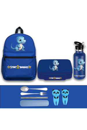 Star Babies 16-Inch Dino Themed Children's Backpack for boys Adjustable Shoulder Strap for Hiking Large with 500 ml Stainless Steel Water Bottle and Bento Lunch Box with 4 Compartments, Leak-Proof, Toddler-Friendly, 3 Years+,Pack of 3